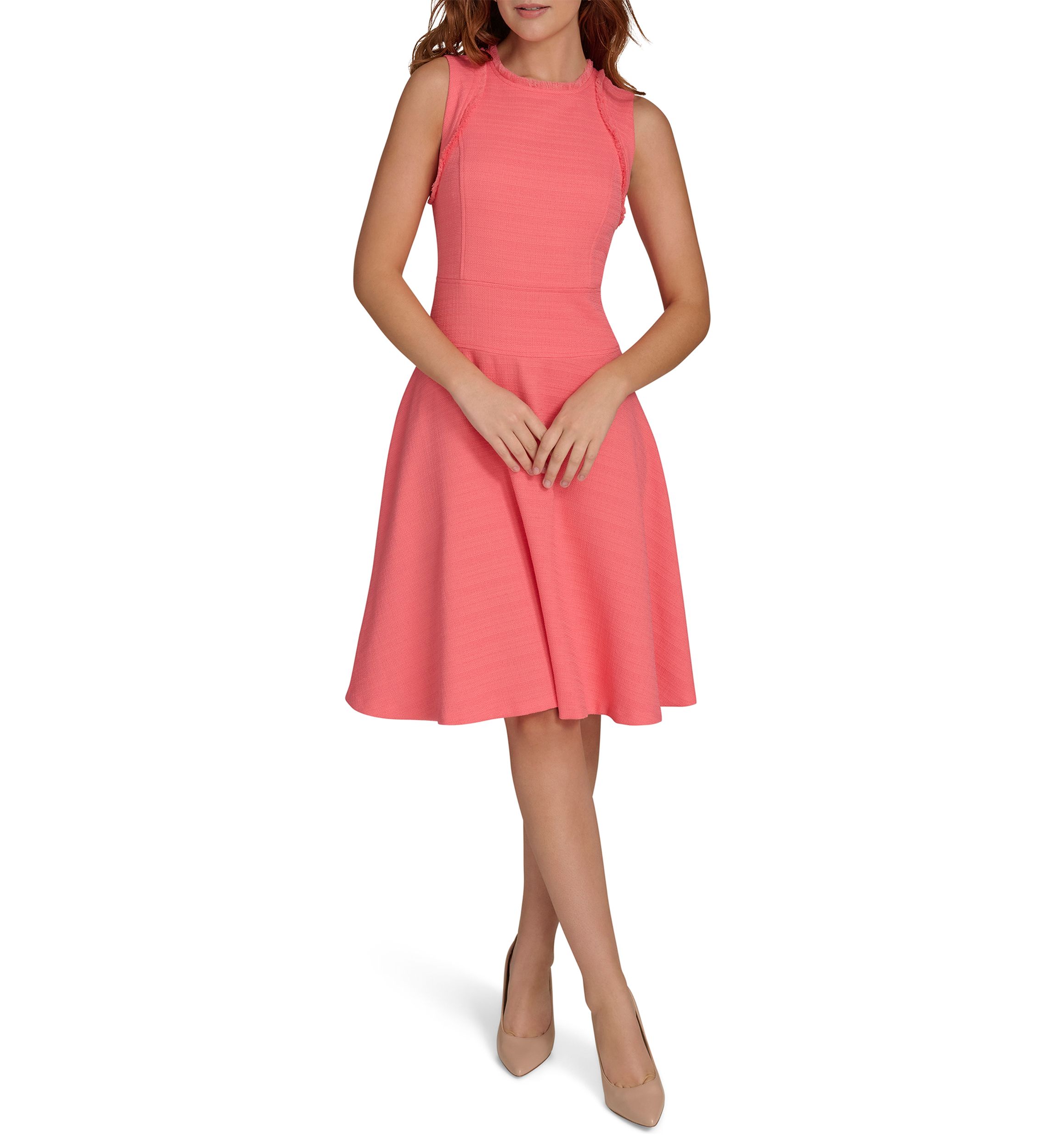 Womens Sleeveless Hopsack Fit and Flare Dress with Fringe Trim