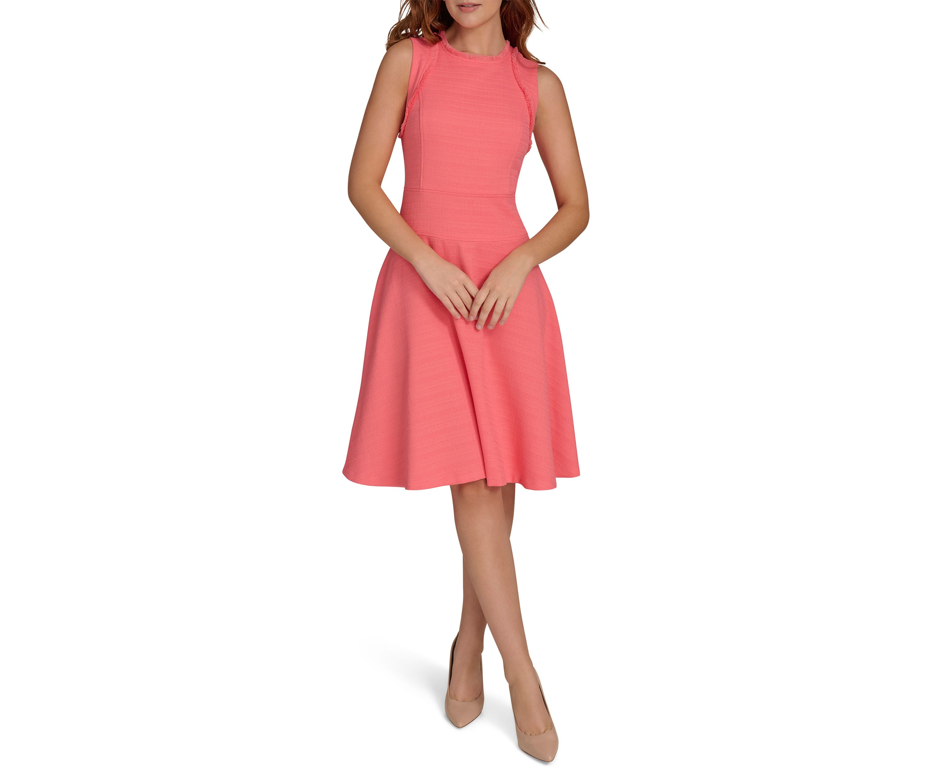 Womens Sleeveless Hopsack Fit and Flare Dress with Fringe Trim