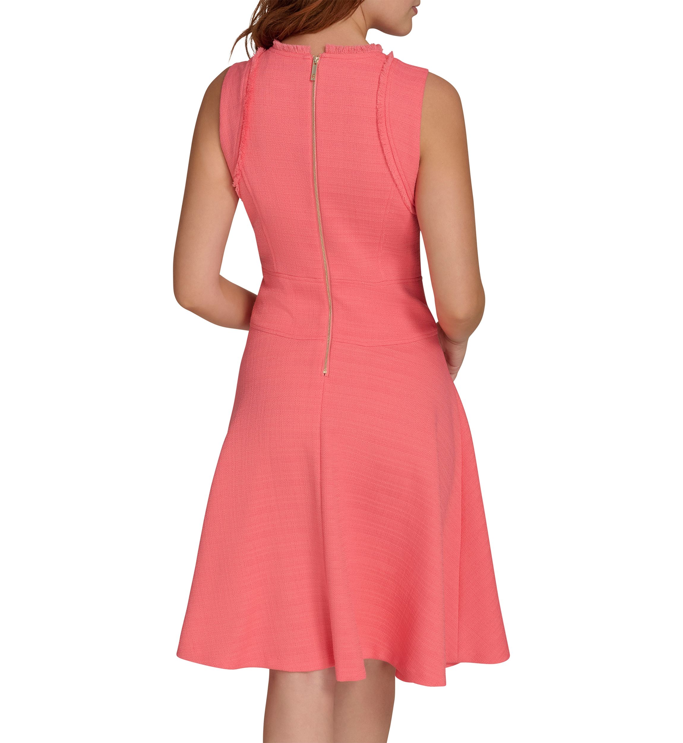 Womens Sleeveless Hopsack Fit and Flare Dress with Fringe Trim
