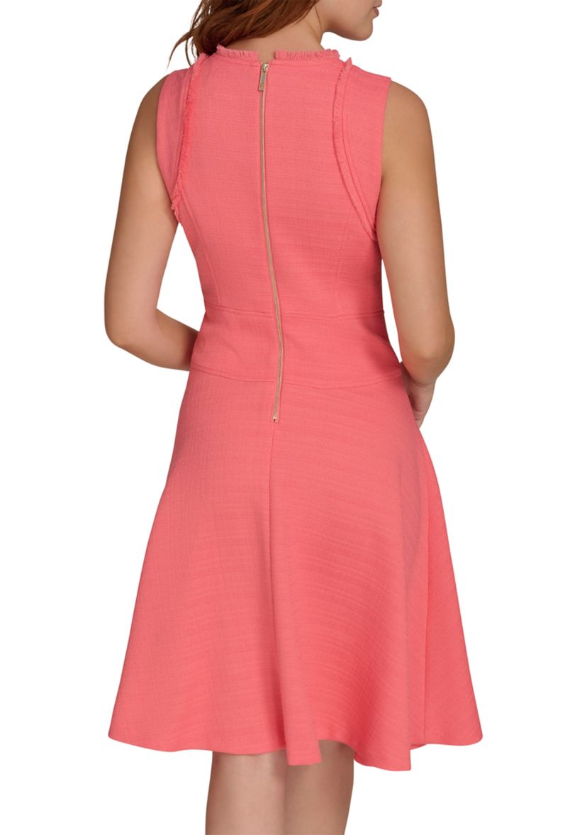Womens Sleeveless Hopsack Fit and Flare Dress with Fringe Trim
