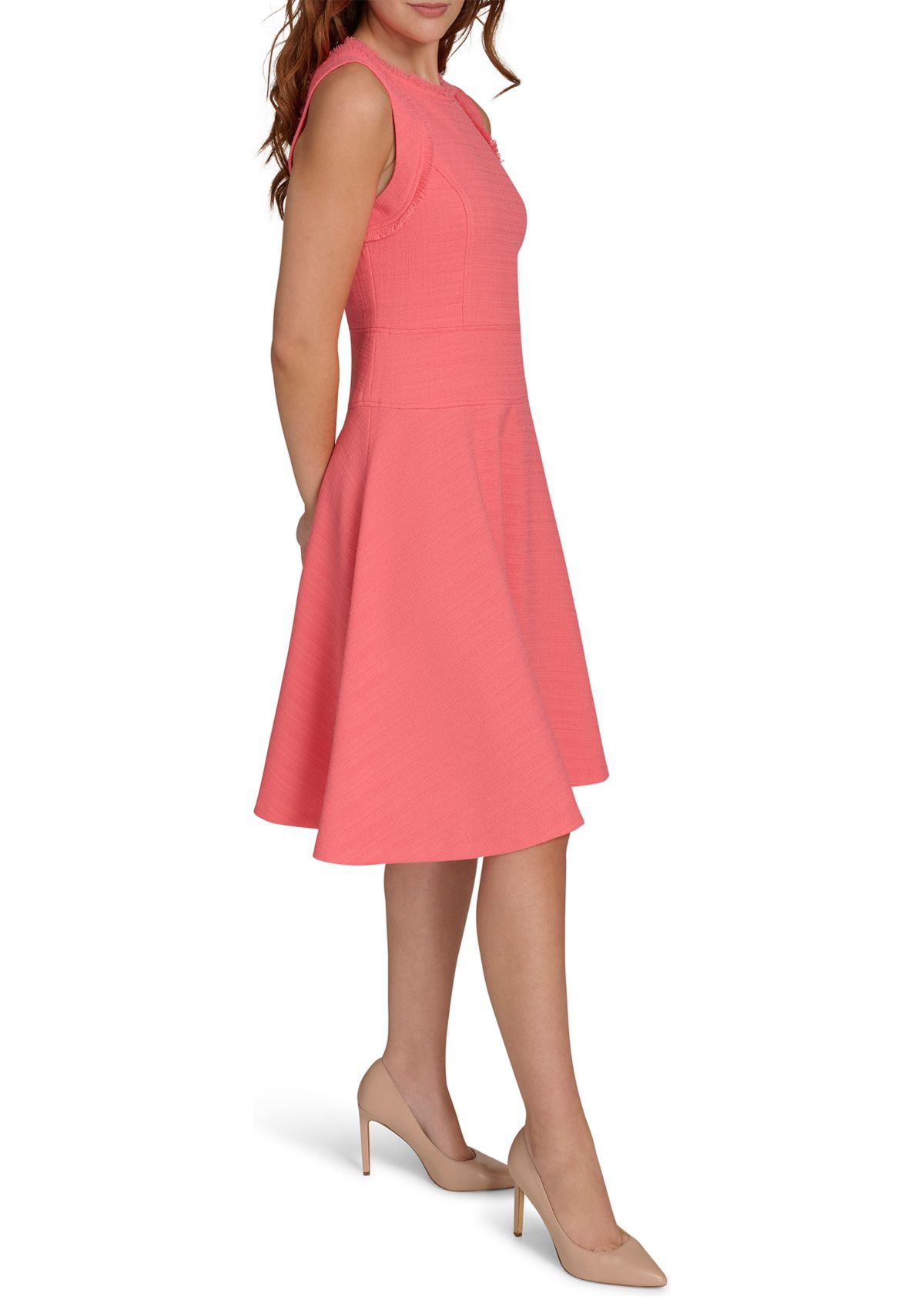 Womens Sleeveless Hopsack Fit and Flare Dress with Fringe Trim