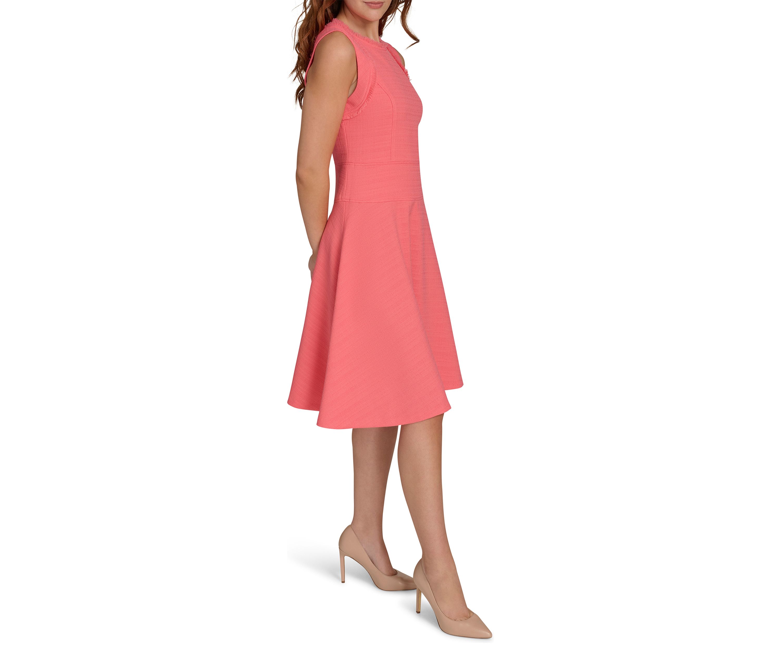 Womens Sleeveless Hopsack Fit and Flare Dress with Fringe Trim