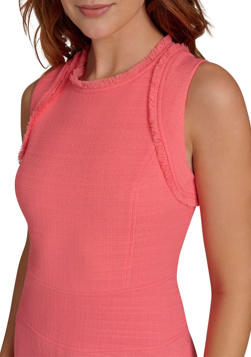Womens Sleeveless Hopsack Fit and Flare Dress with Fringe Trim