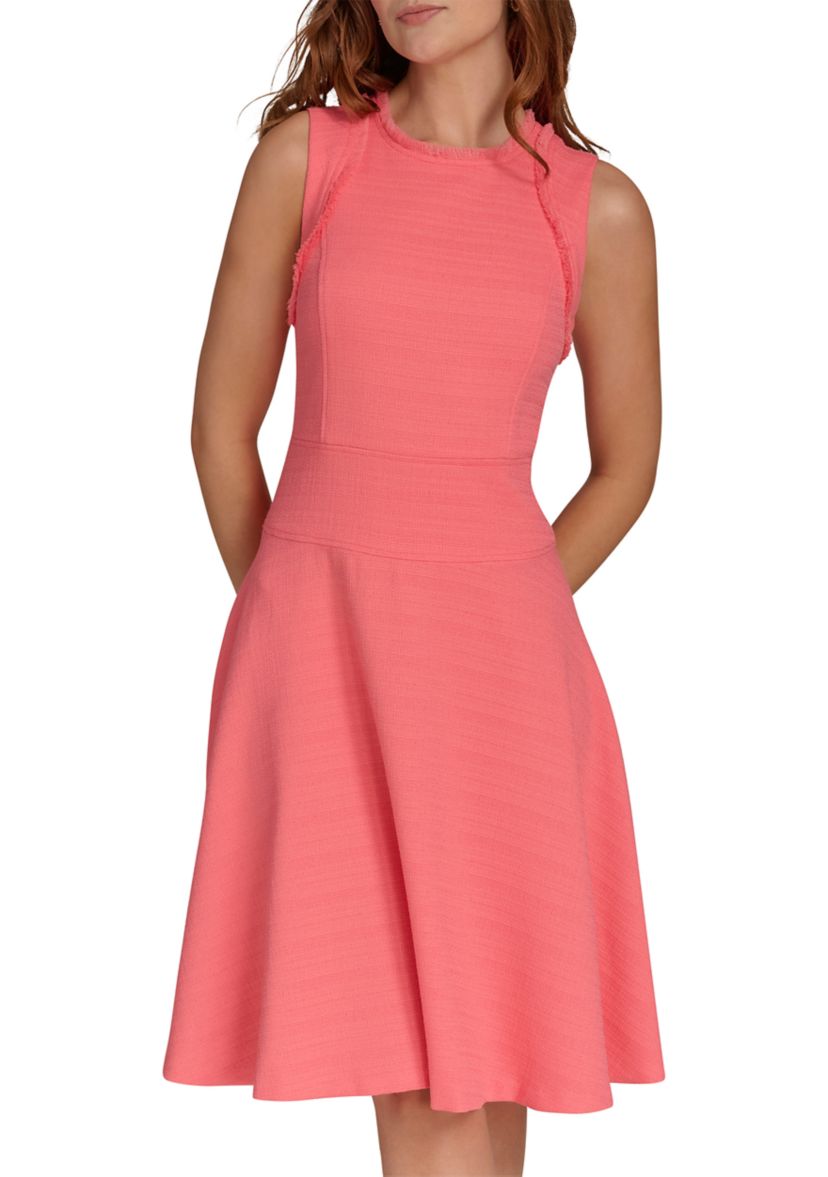 Womens Sleeveless Hopsack Fit and Flare Dress with Fringe Trim