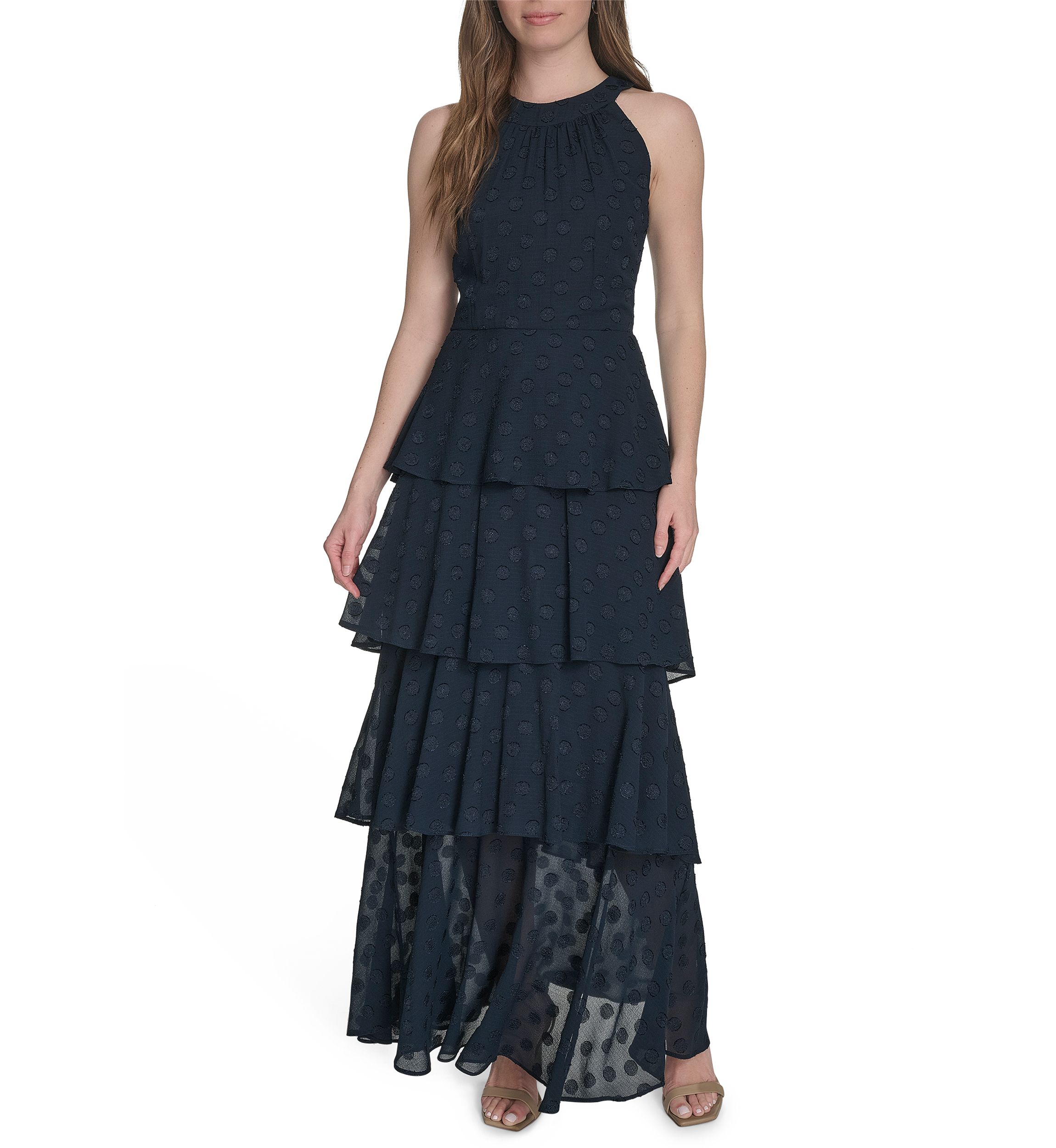 Sleeveless Halter Clip Dot Chiffon Tiered Maxi Dress 