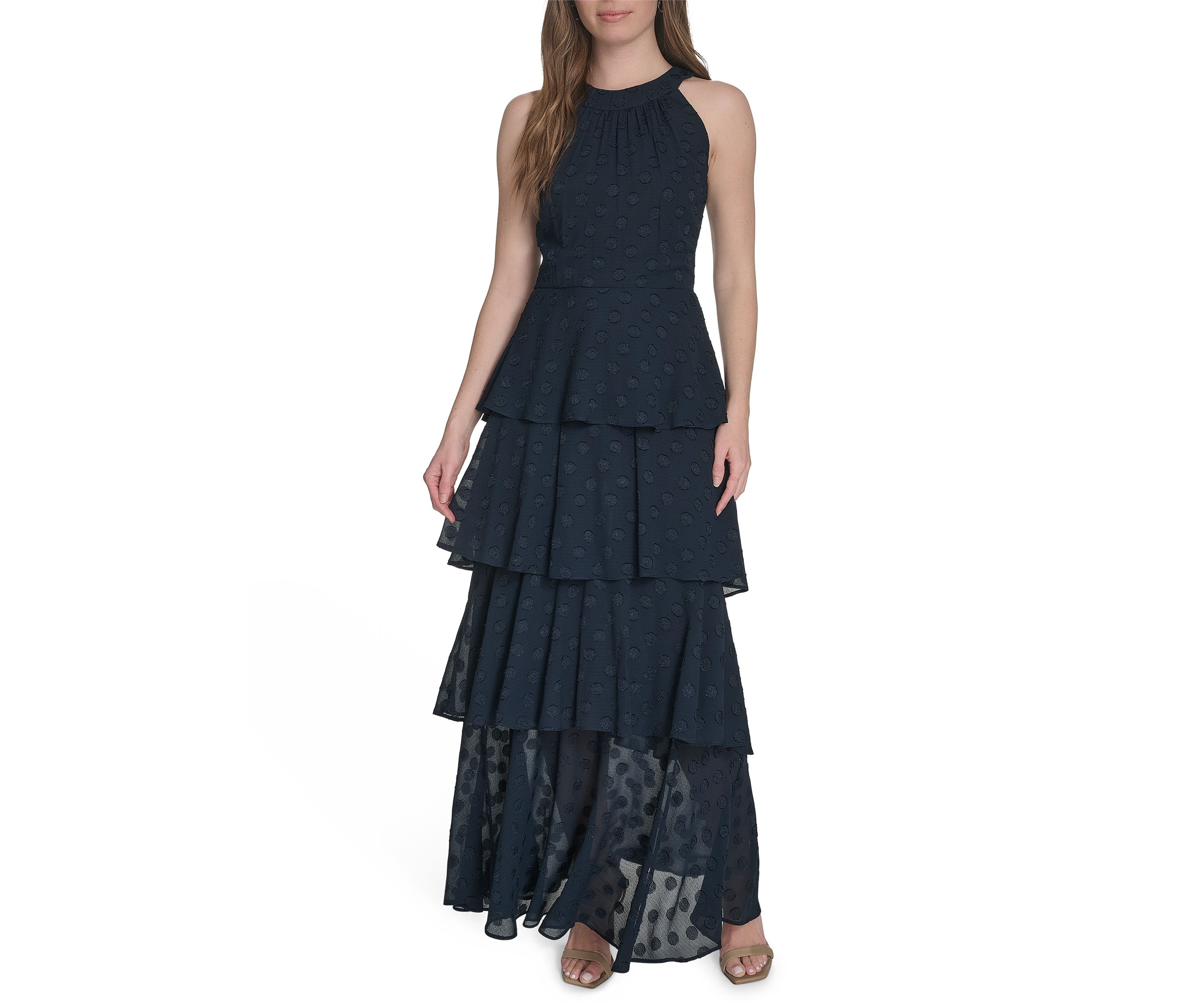 Sleeveless Halter Clip Dot Chiffon Tiered Maxi Dress 