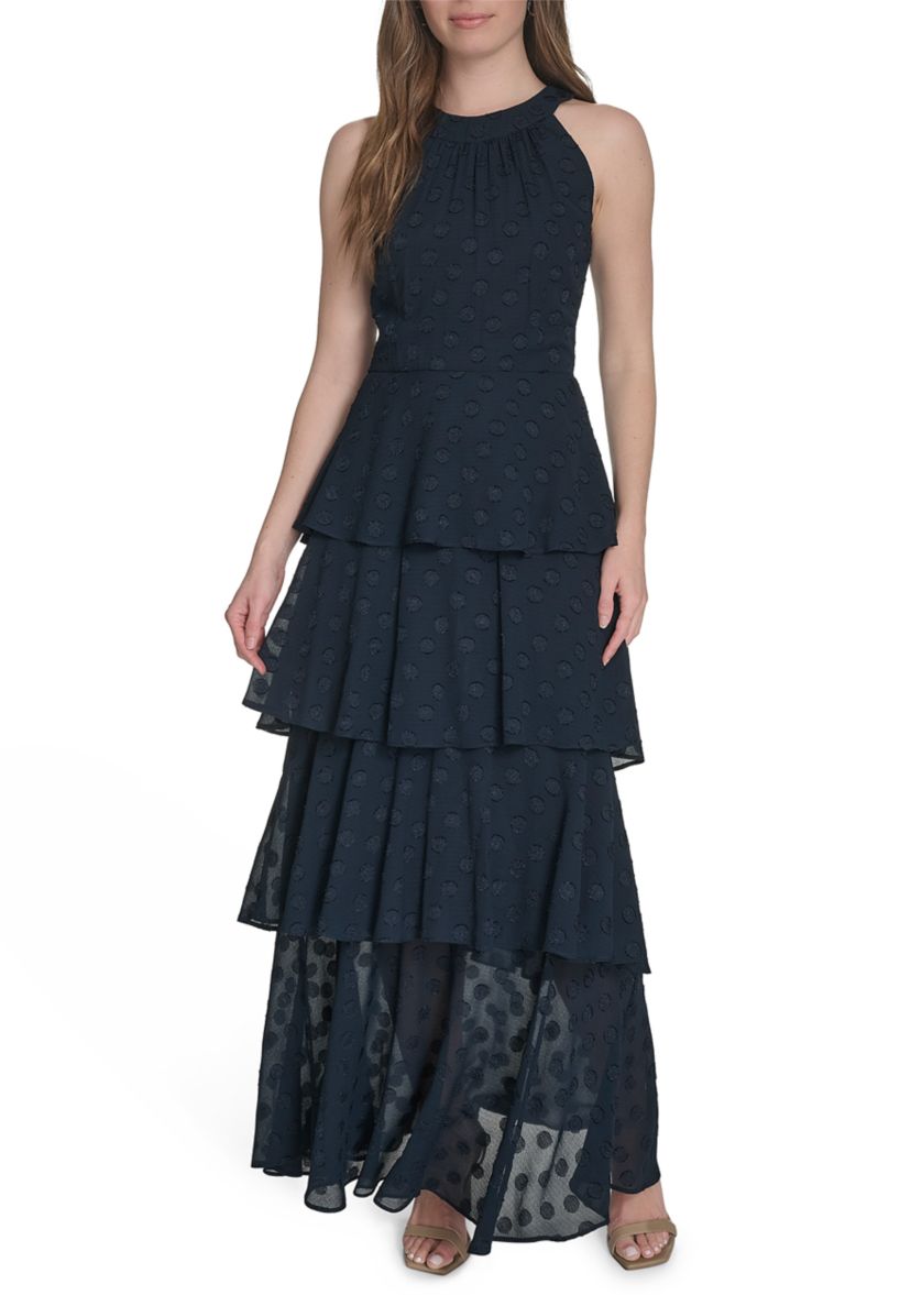 Sleeveless Halter Clip Dot Chiffon Tiered Maxi Dress 