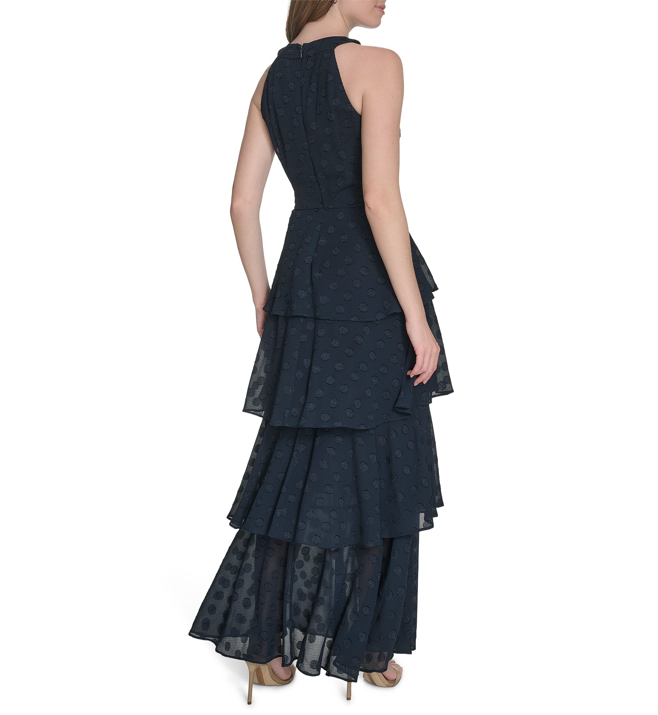 Sleeveless Halter Clip Dot Chiffon Tiered Maxi Dress 