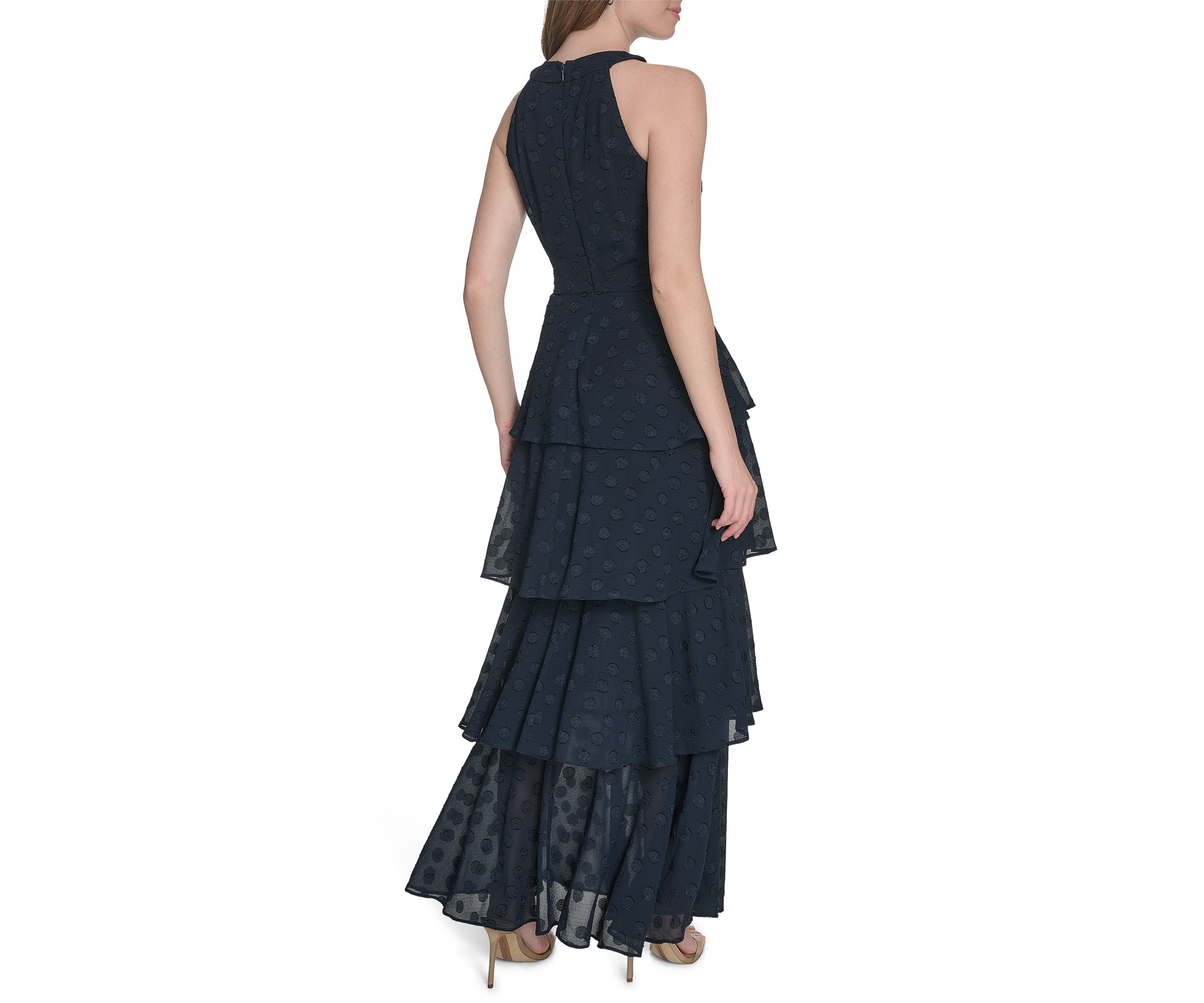 Sleeveless Halter Clip Dot Chiffon Tiered Maxi Dress 