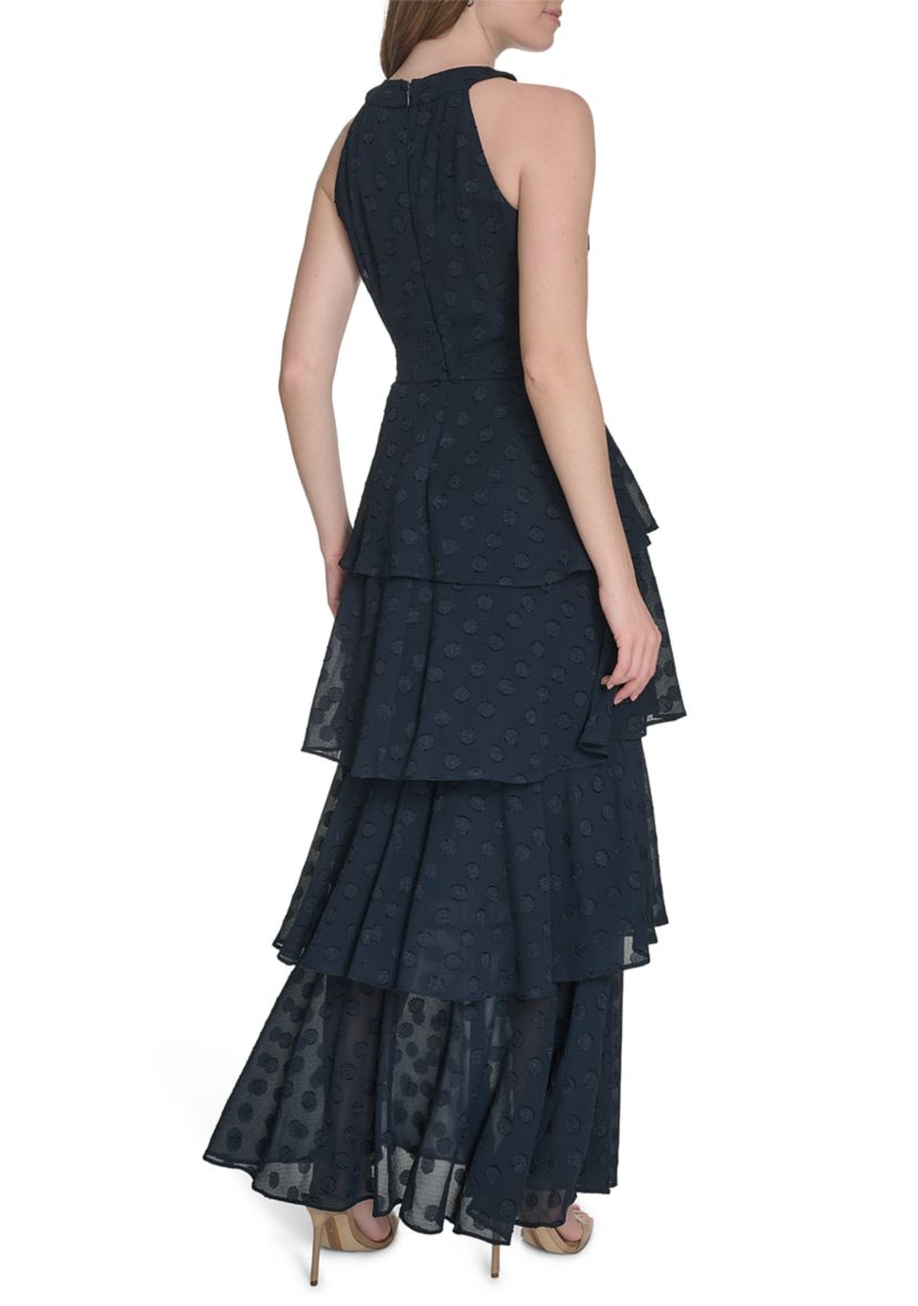 Sleeveless Halter Clip Dot Chiffon Tiered Maxi Dress 