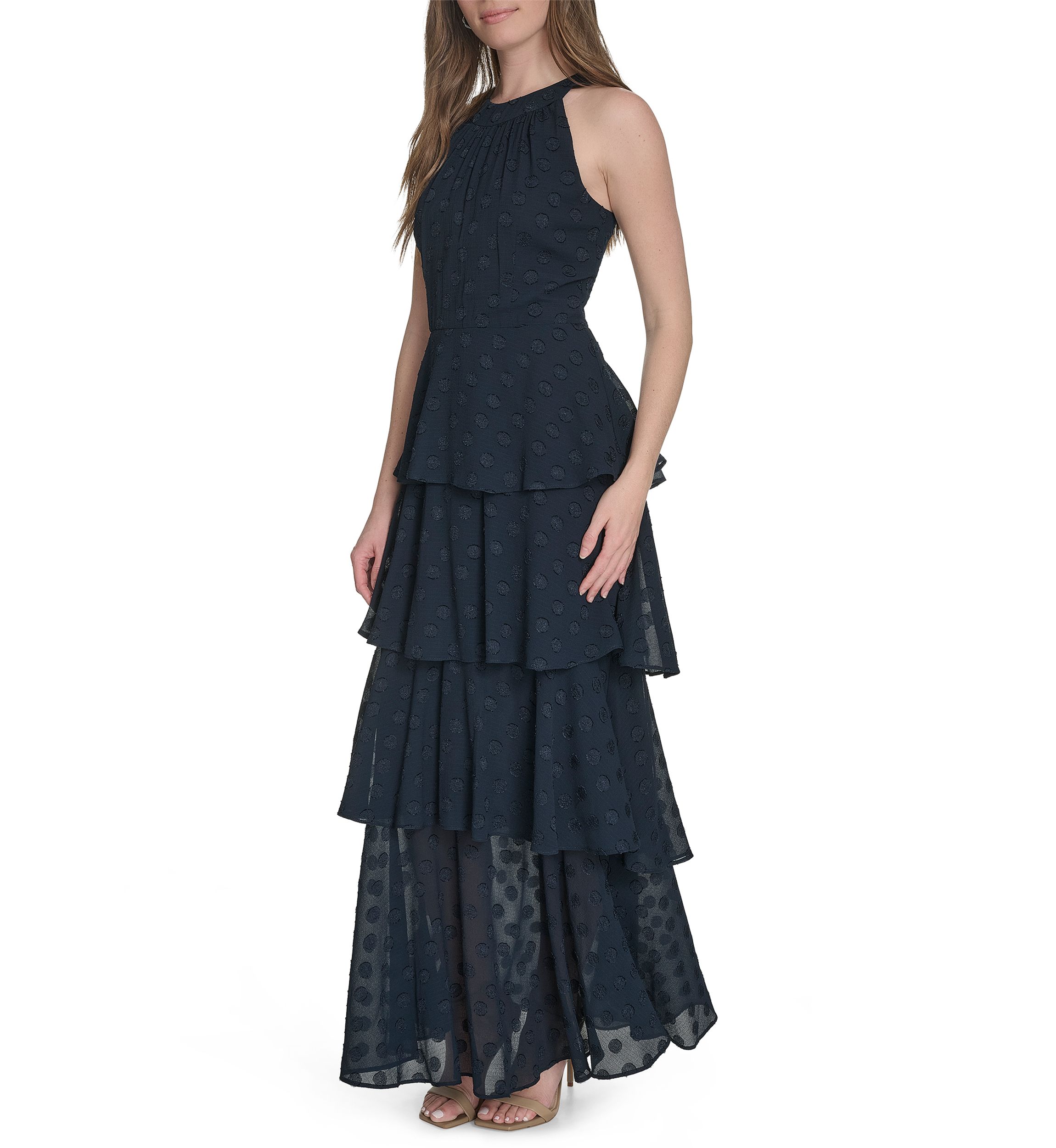 Sleeveless Halter Clip Dot Chiffon Tiered Maxi Dress 