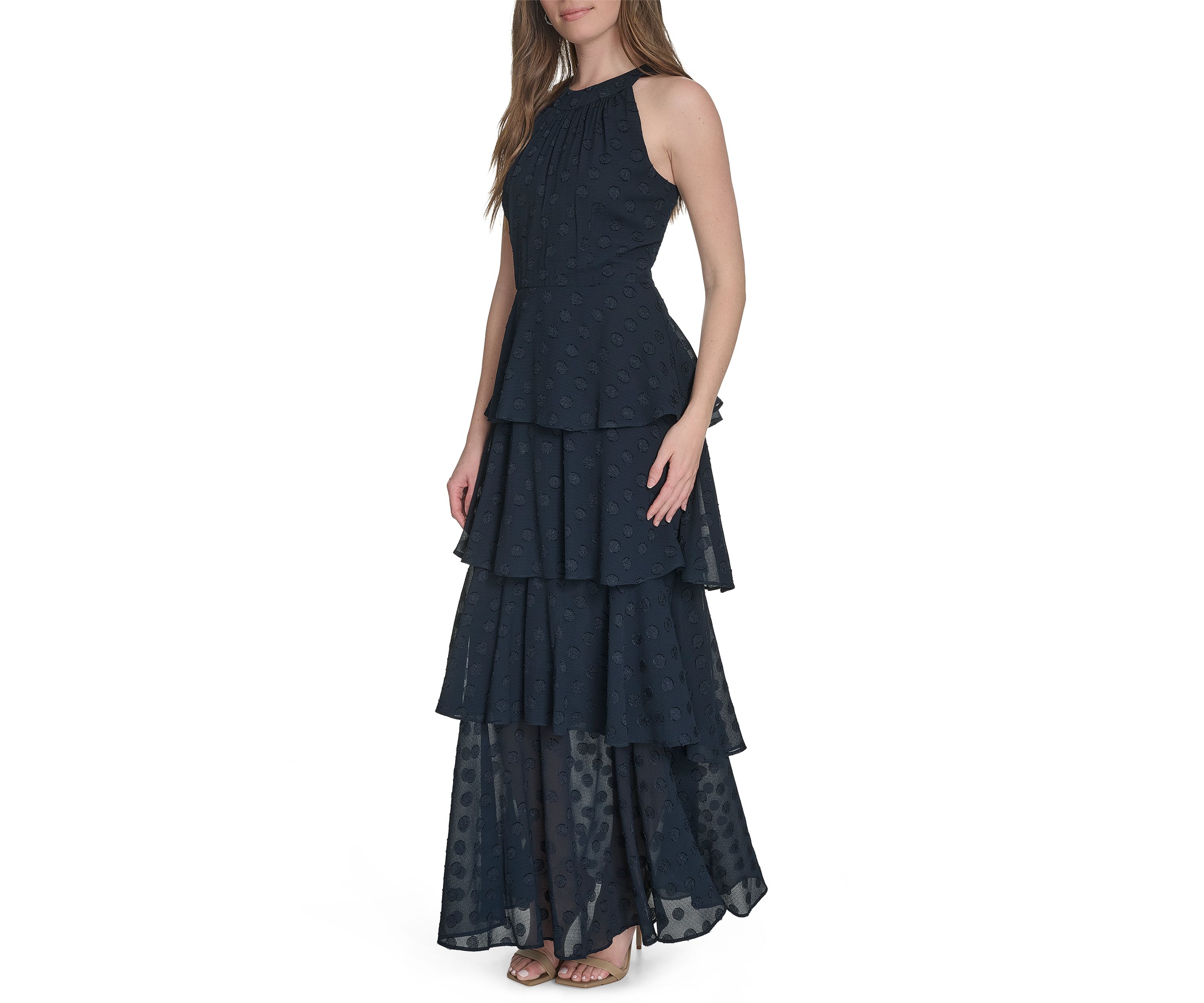 Sleeveless Halter Clip Dot Chiffon Tiered Maxi Dress 