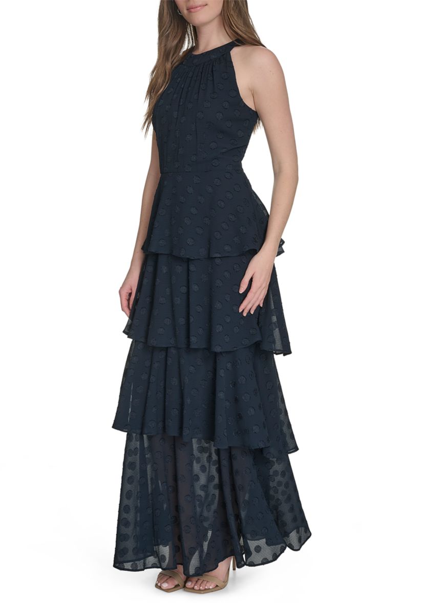 Sleeveless Halter Clip Dot Chiffon Tiered Maxi Dress 