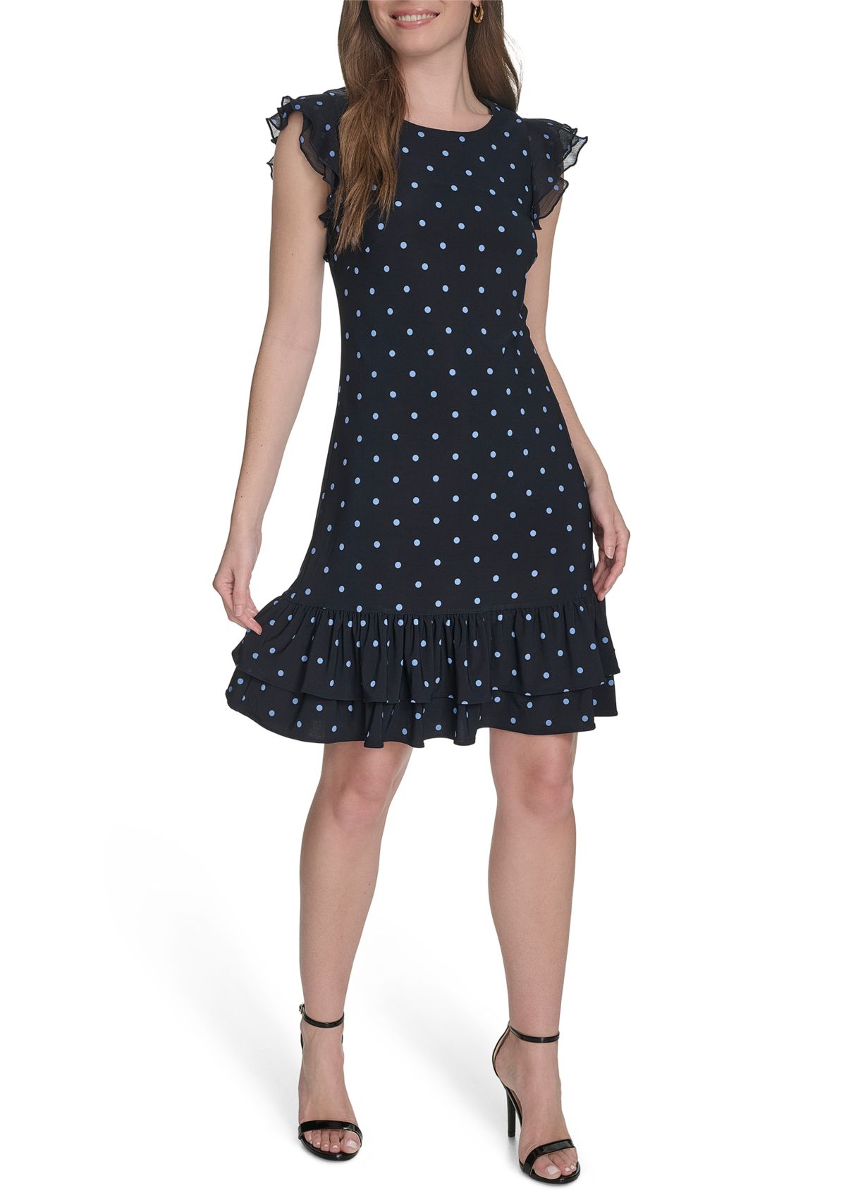 Womens Chiffon Flutter Sleeve Ruffle Hem Jersey Shift Dress 