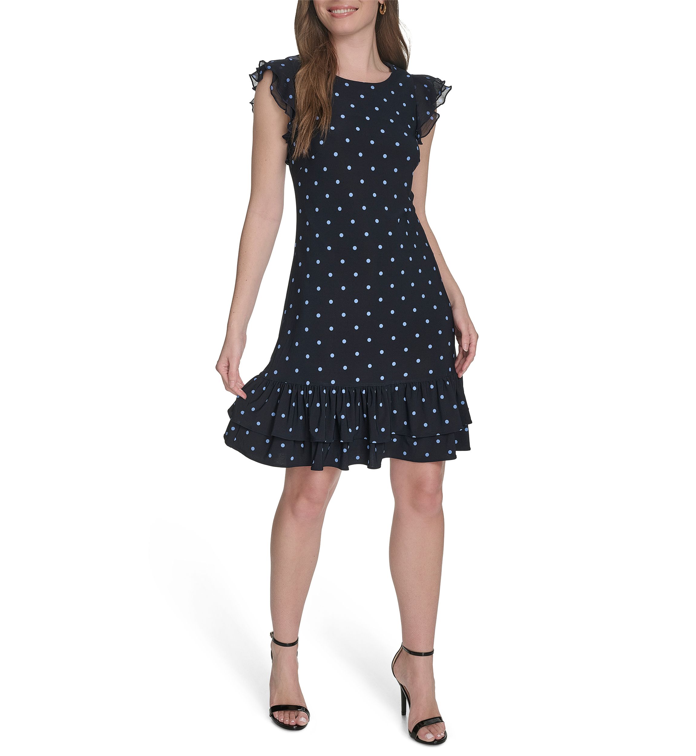 Womens Chiffon Flutter Sleeve Ruffle Hem Jersey Shift Dress 