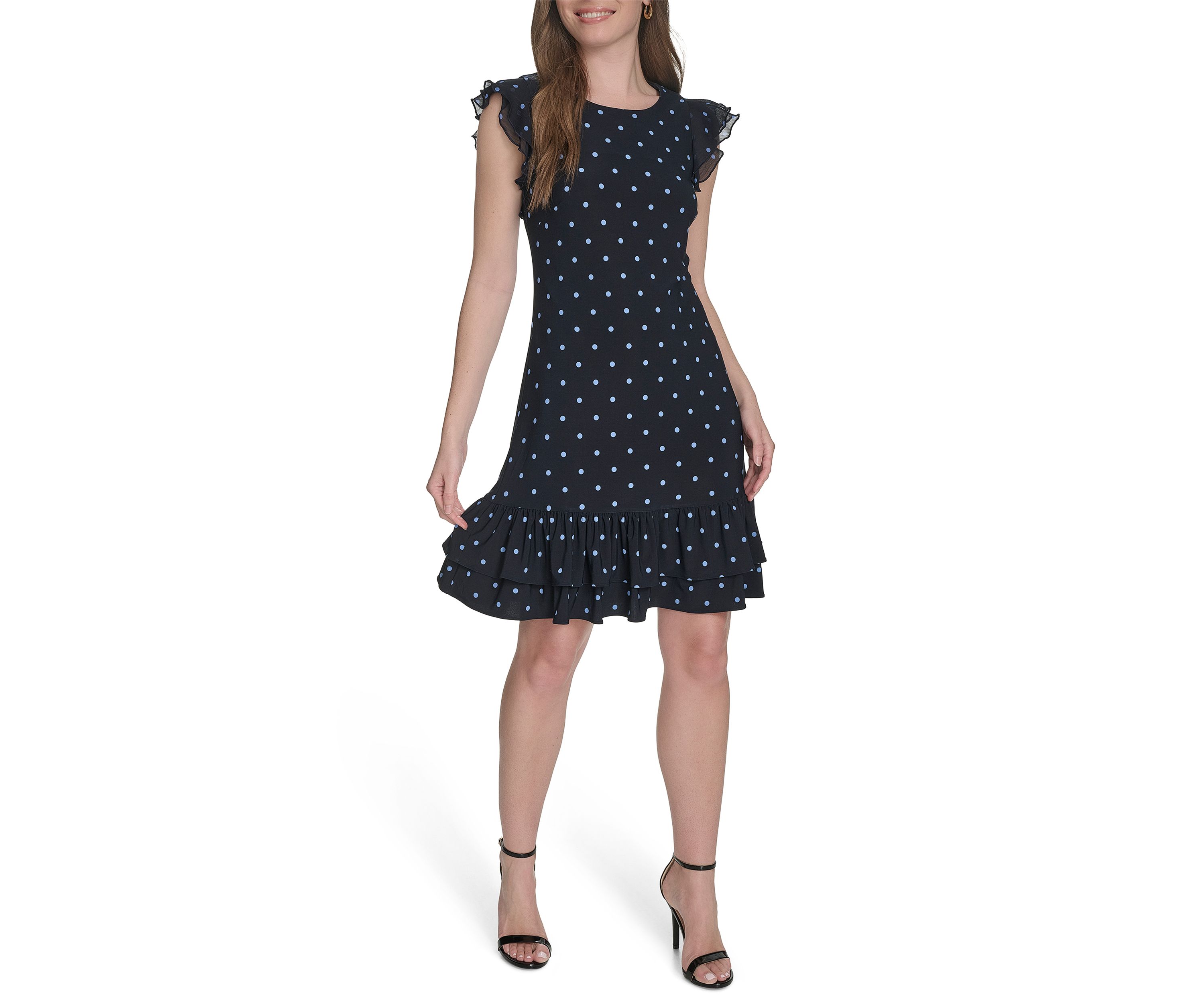 Womens Chiffon Flutter Sleeve Ruffle Hem Jersey Shift Dress 