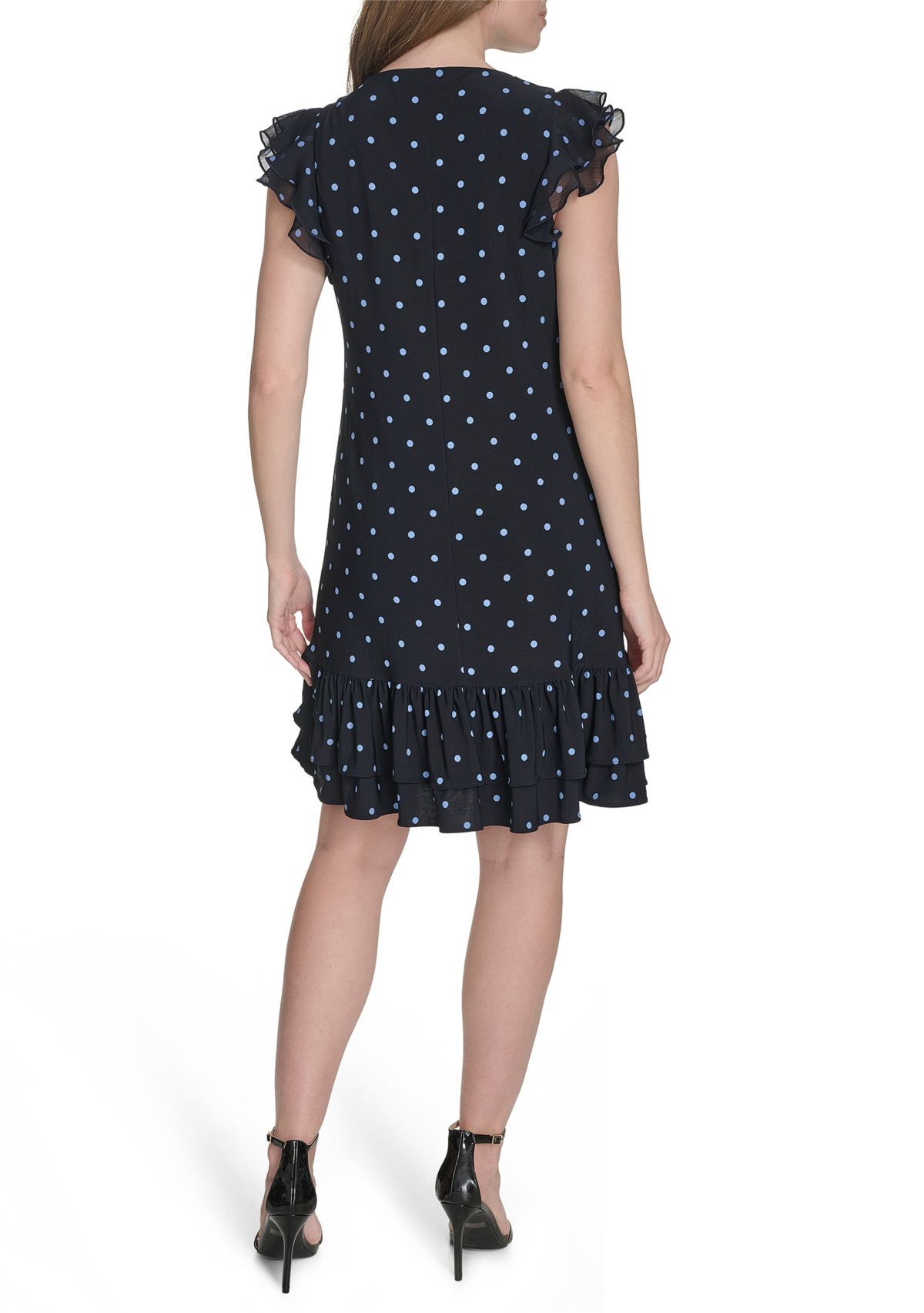 Womens Chiffon Flutter Sleeve Ruffle Hem Jersey Shift Dress 