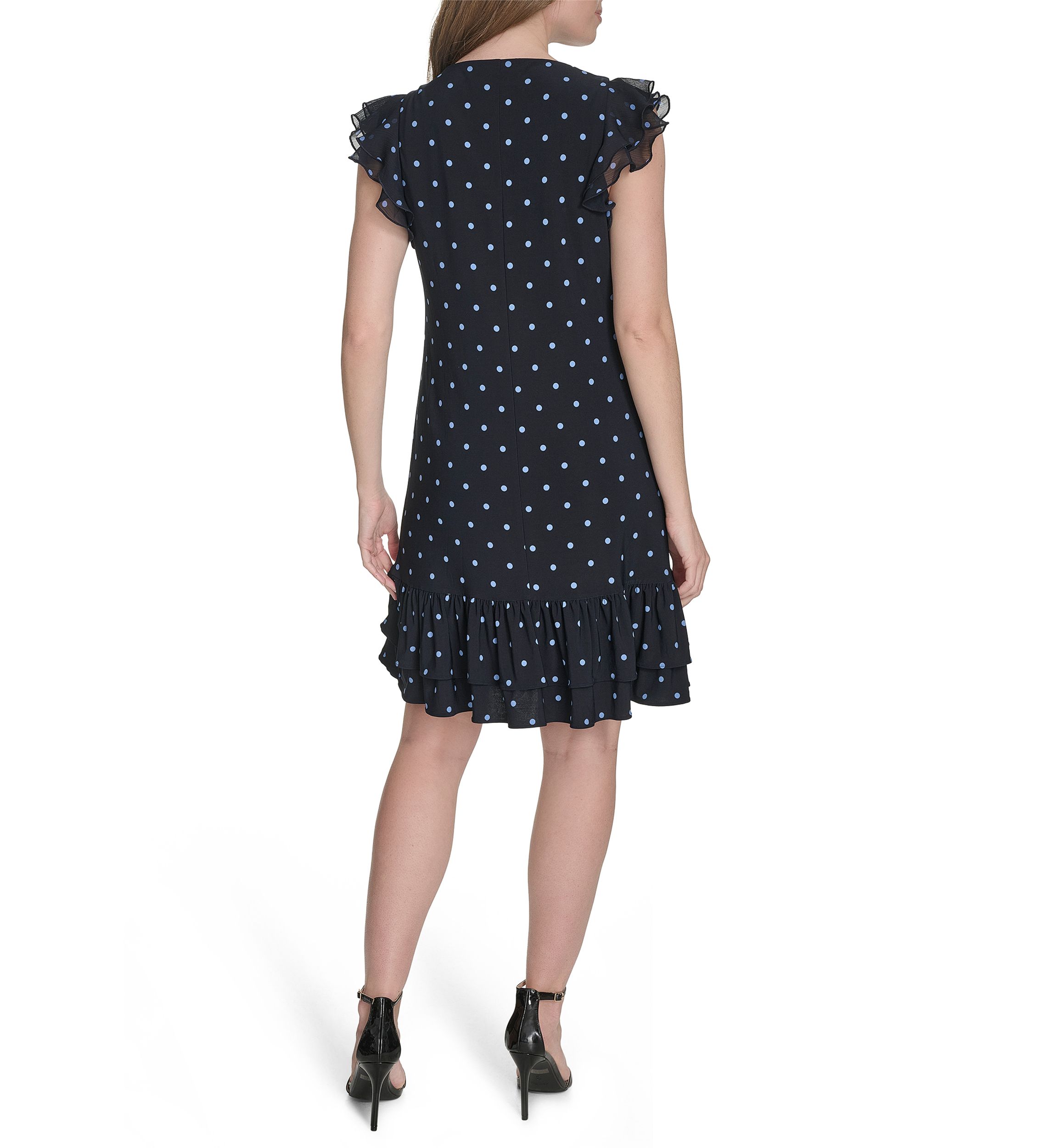 Womens Chiffon Flutter Sleeve Ruffle Hem Jersey Shift Dress 