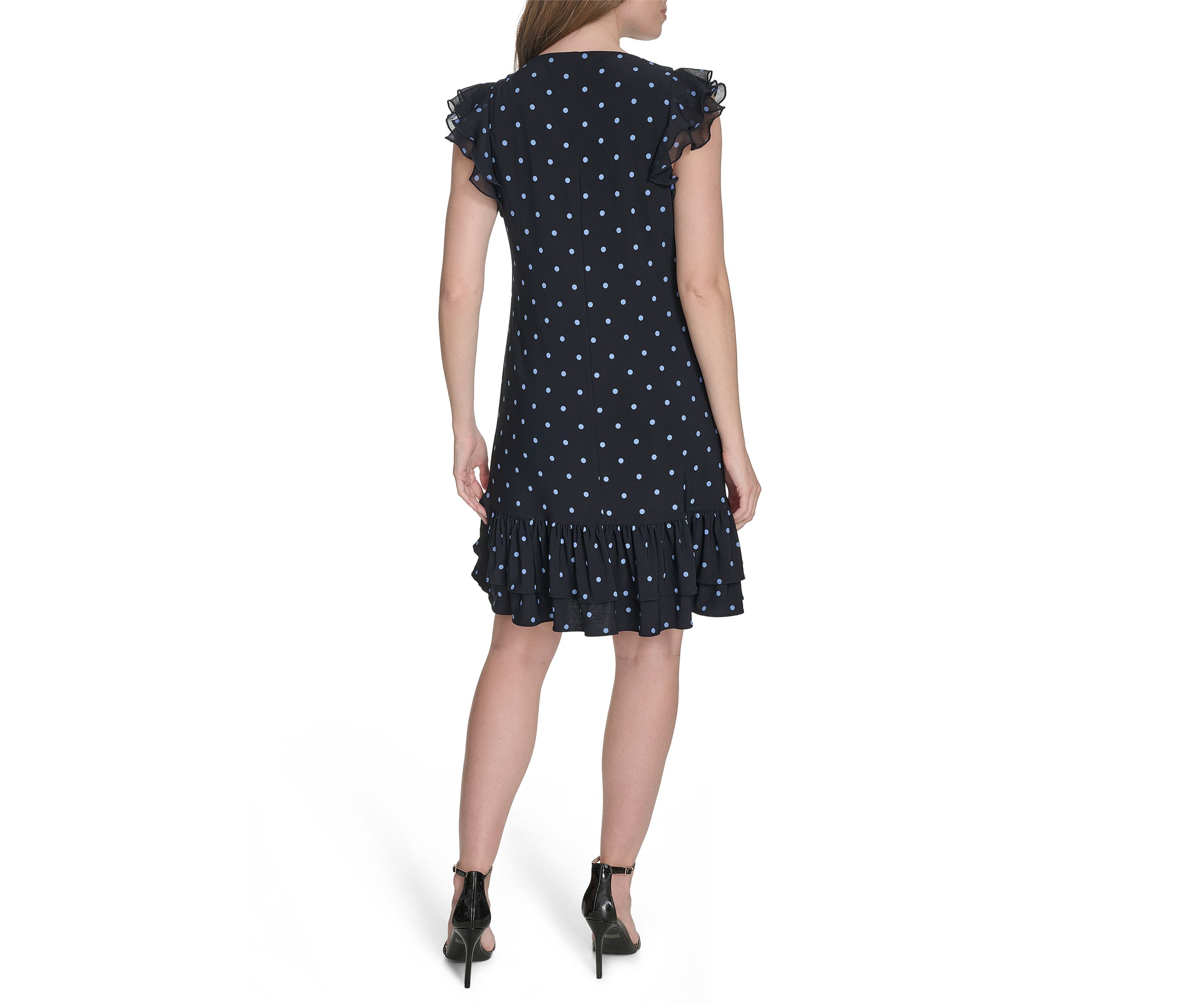 Womens Chiffon Flutter Sleeve Ruffle Hem Jersey Shift Dress 