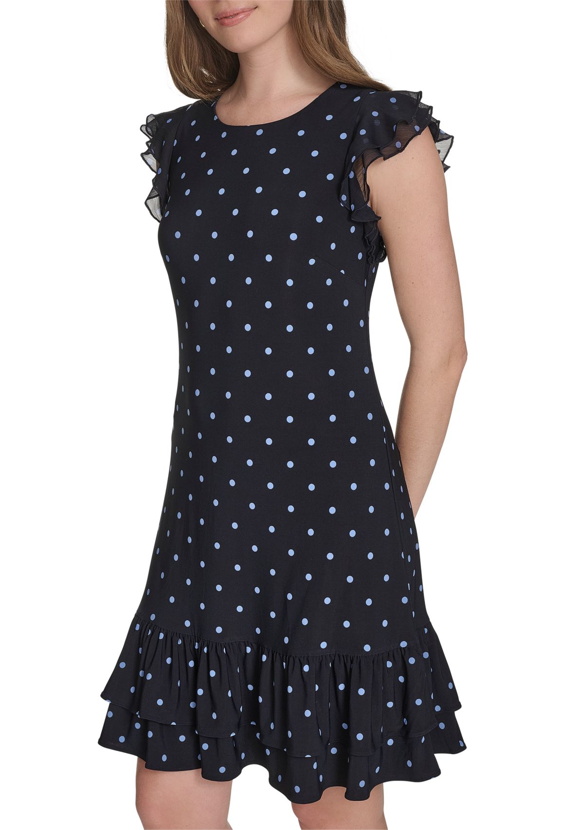 Womens Chiffon Flutter Sleeve Ruffle Hem Jersey Shift Dress 