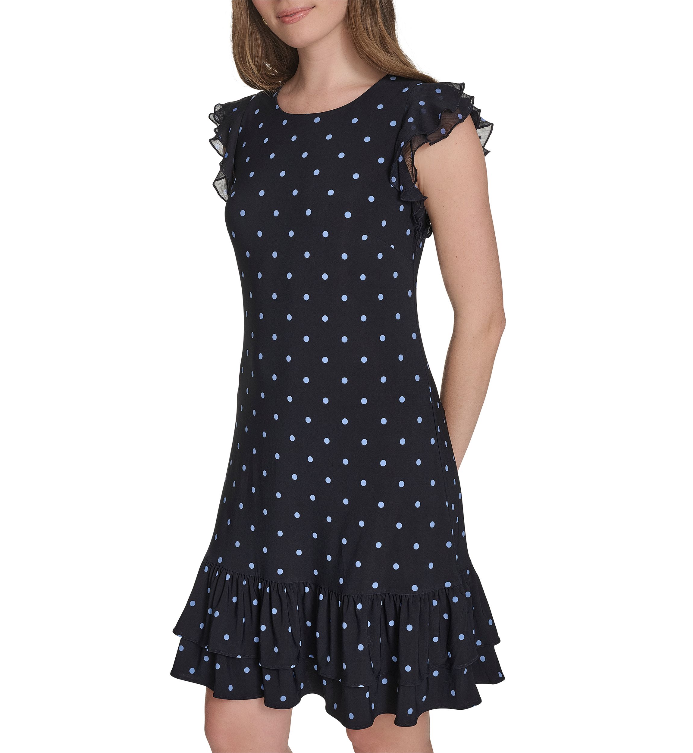 Womens Chiffon Flutter Sleeve Ruffle Hem Jersey Shift Dress 