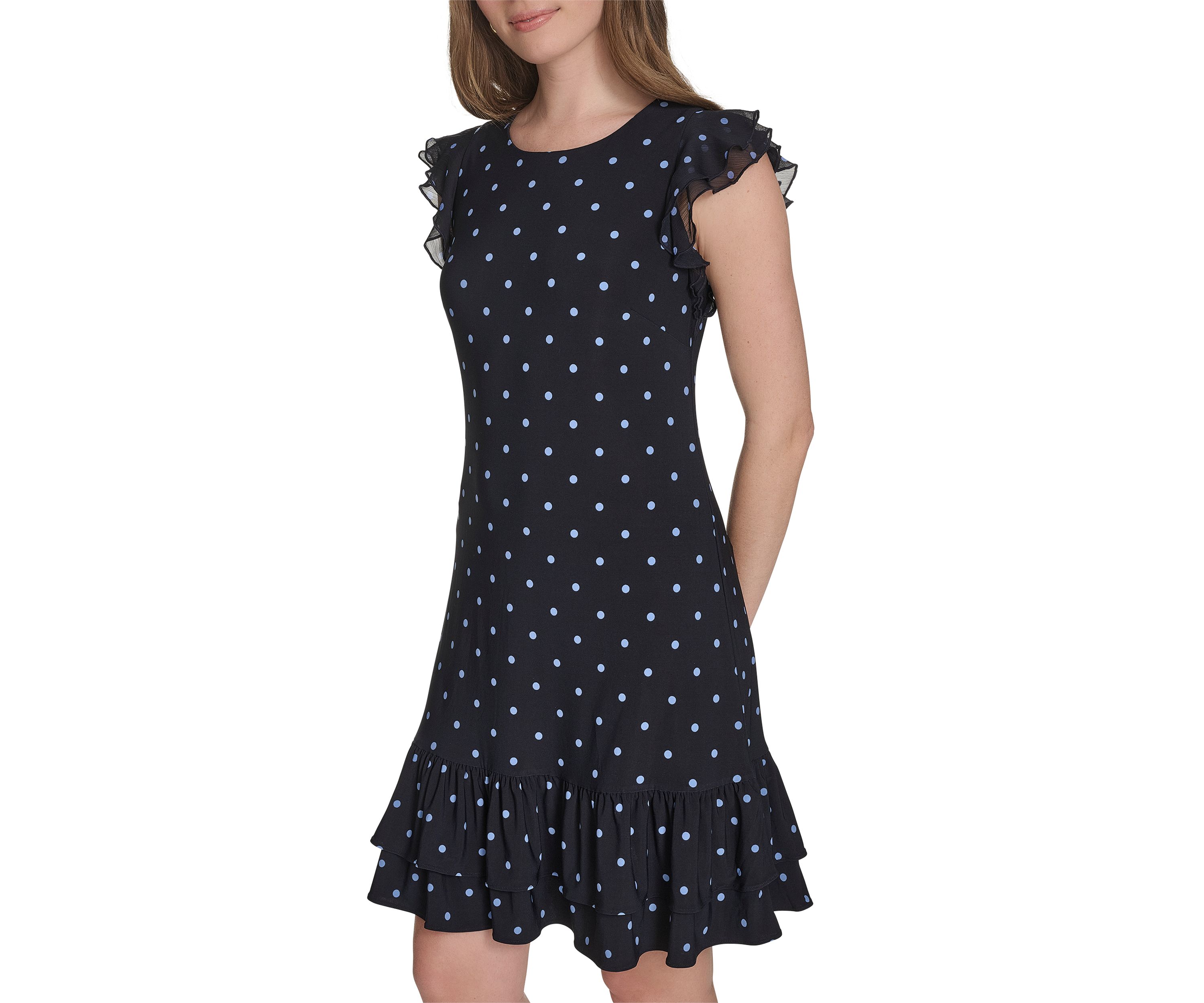 Womens Chiffon Flutter Sleeve Ruffle Hem Jersey Shift Dress 