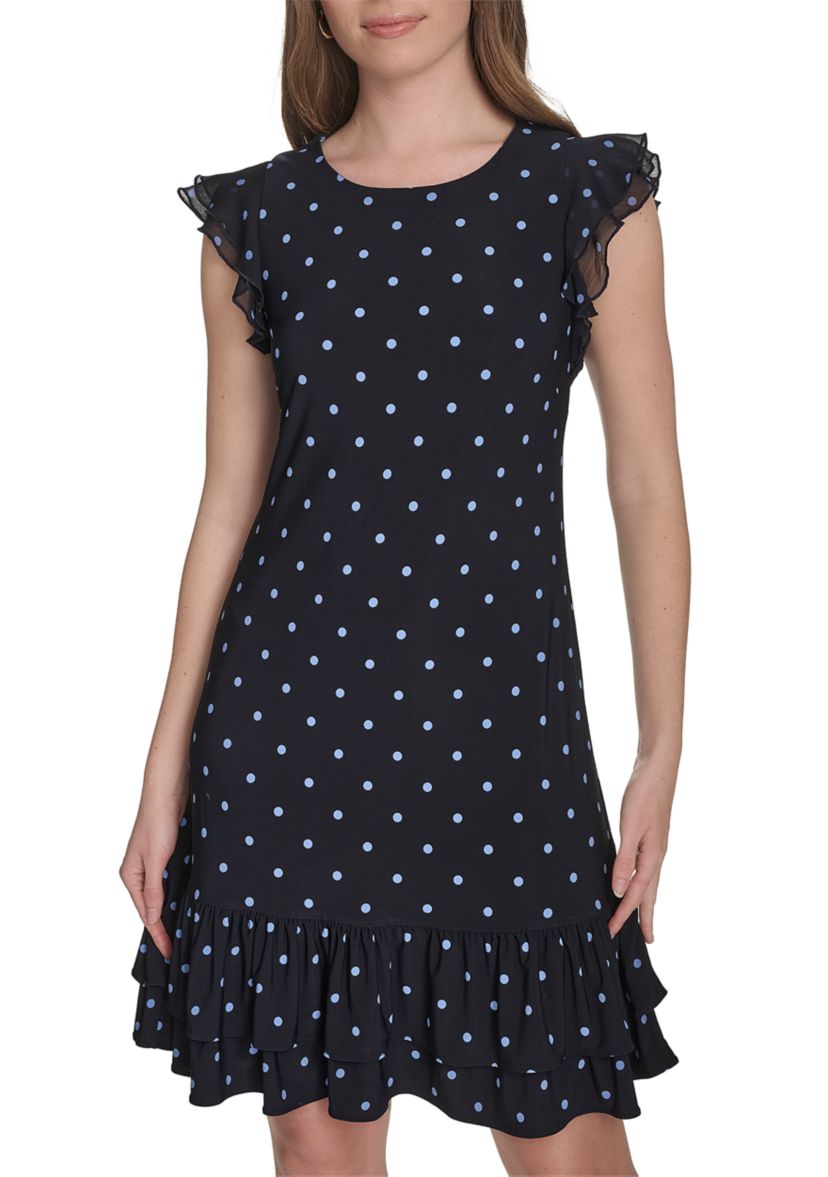 Womens Chiffon Flutter Sleeve Ruffle Hem Jersey Shift Dress 