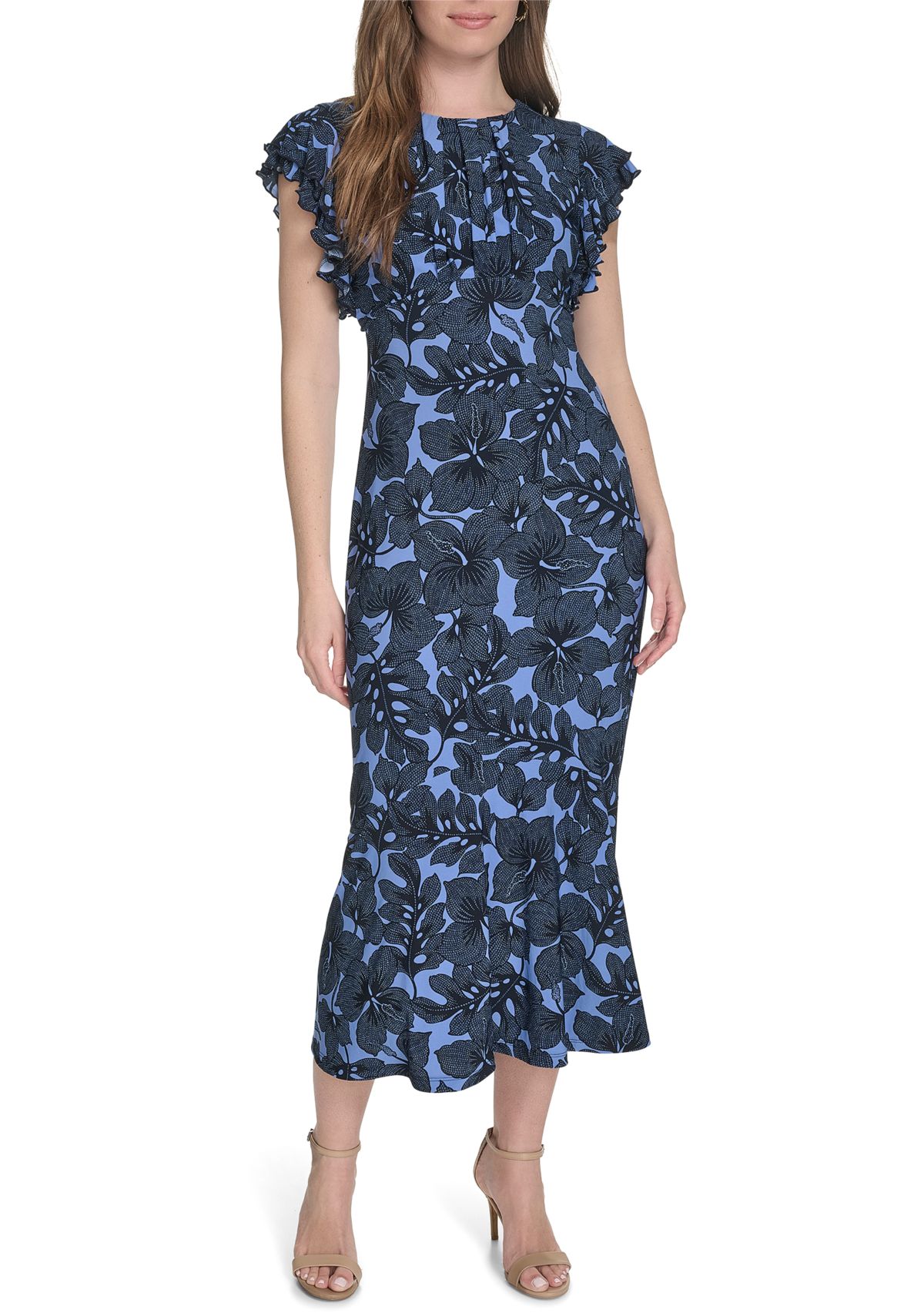 Womens Flutter Sleeve Hibiscus Jersey Midi Fit and Flare Dress 