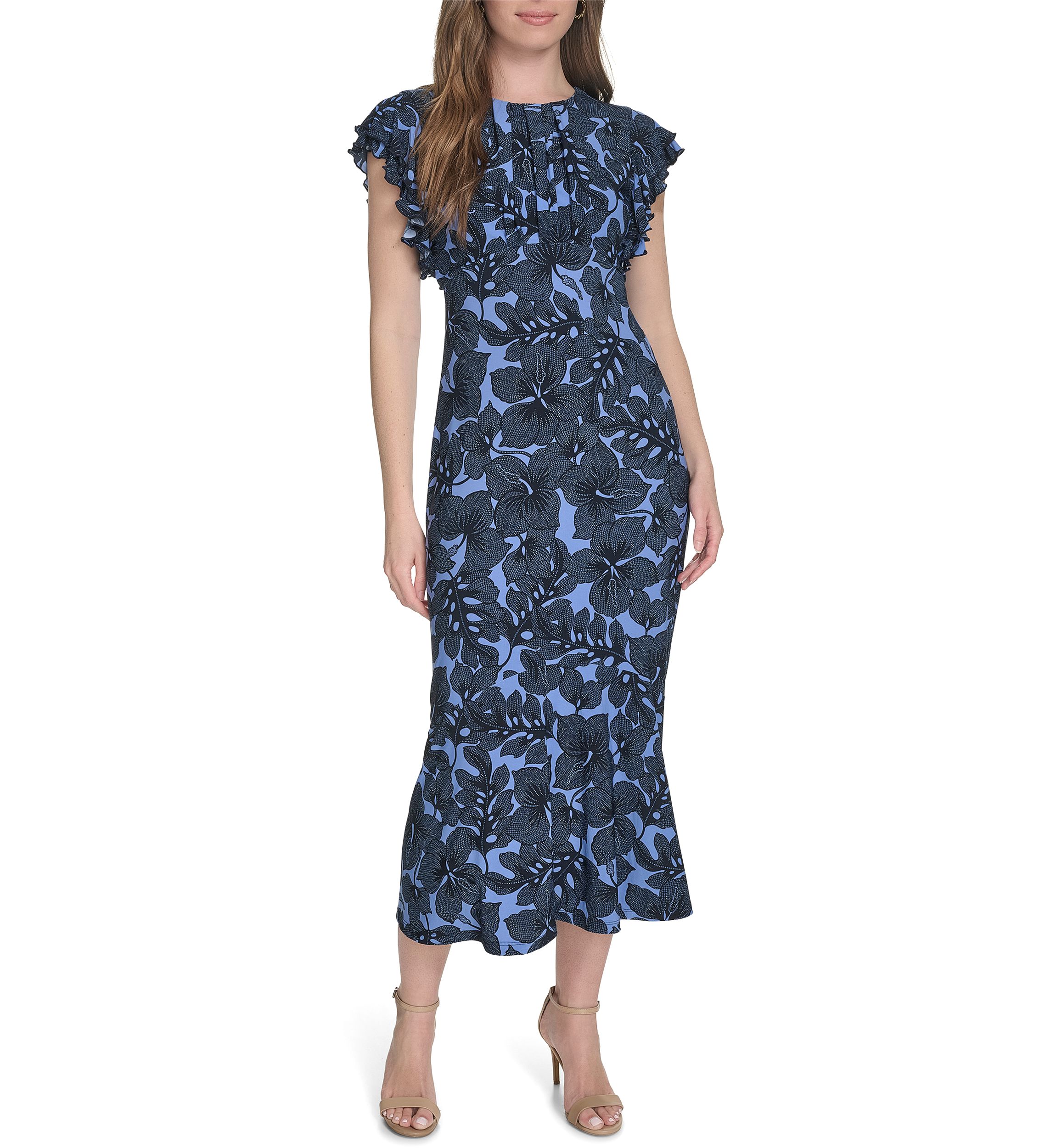 Womens Flutter Sleeve Hibiscus Jersey Midi Fit and Flare Dress 