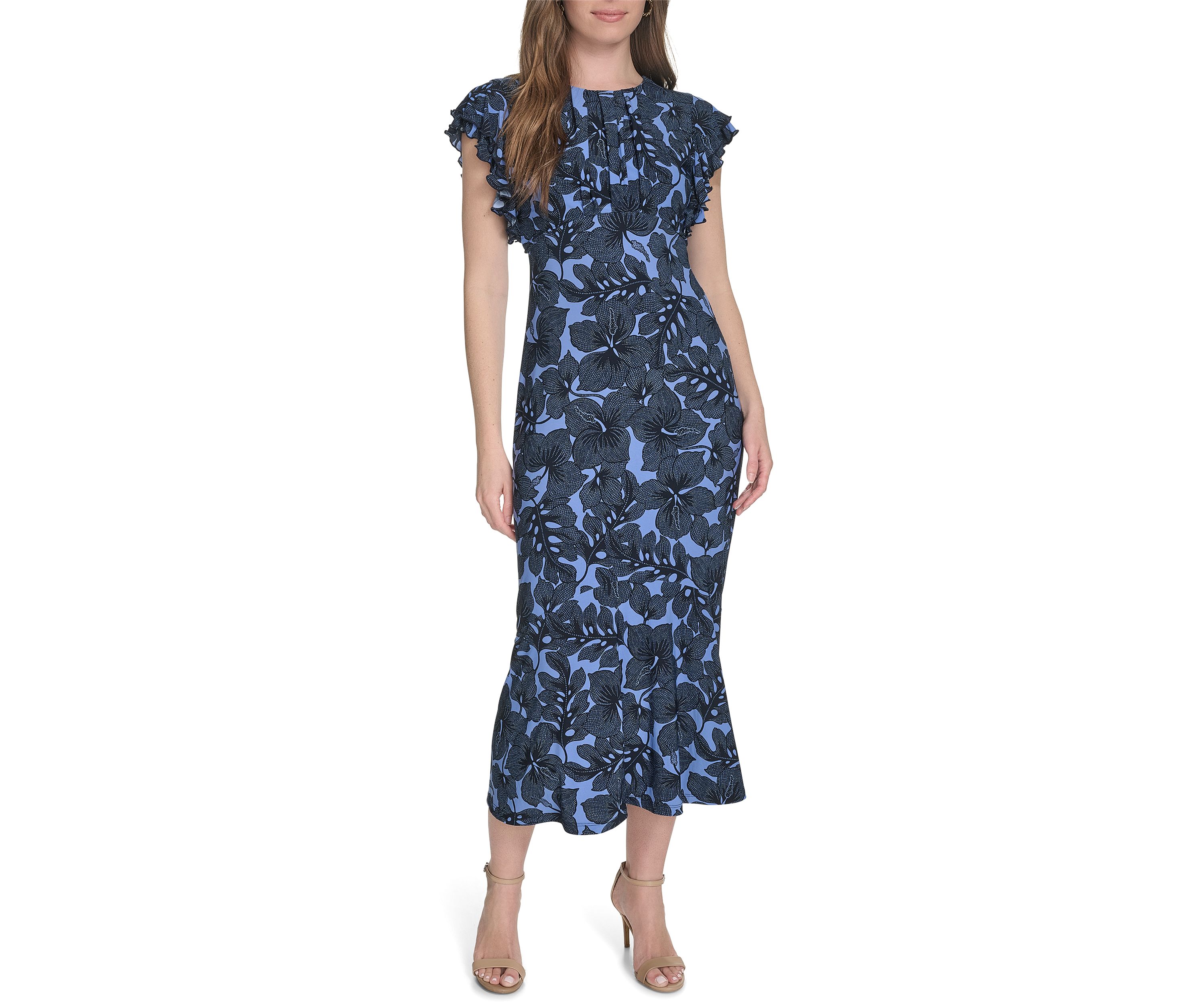 Womens Flutter Sleeve Hibiscus Jersey Midi Fit and Flare Dress 
