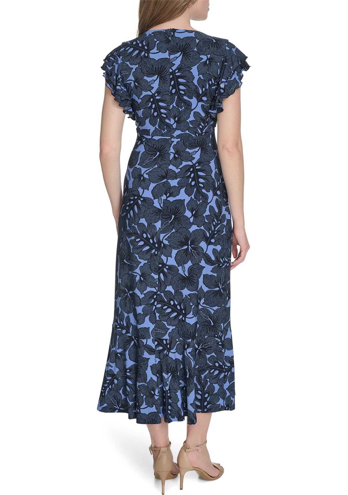 Womens Flutter Sleeve Hibiscus Jersey Midi Fit and Flare Dress 