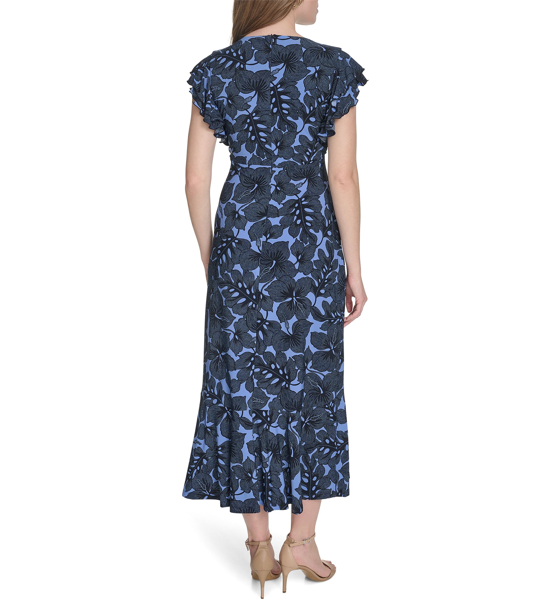 Womens Flutter Sleeve Hibiscus Jersey Midi Fit and Flare Dress 