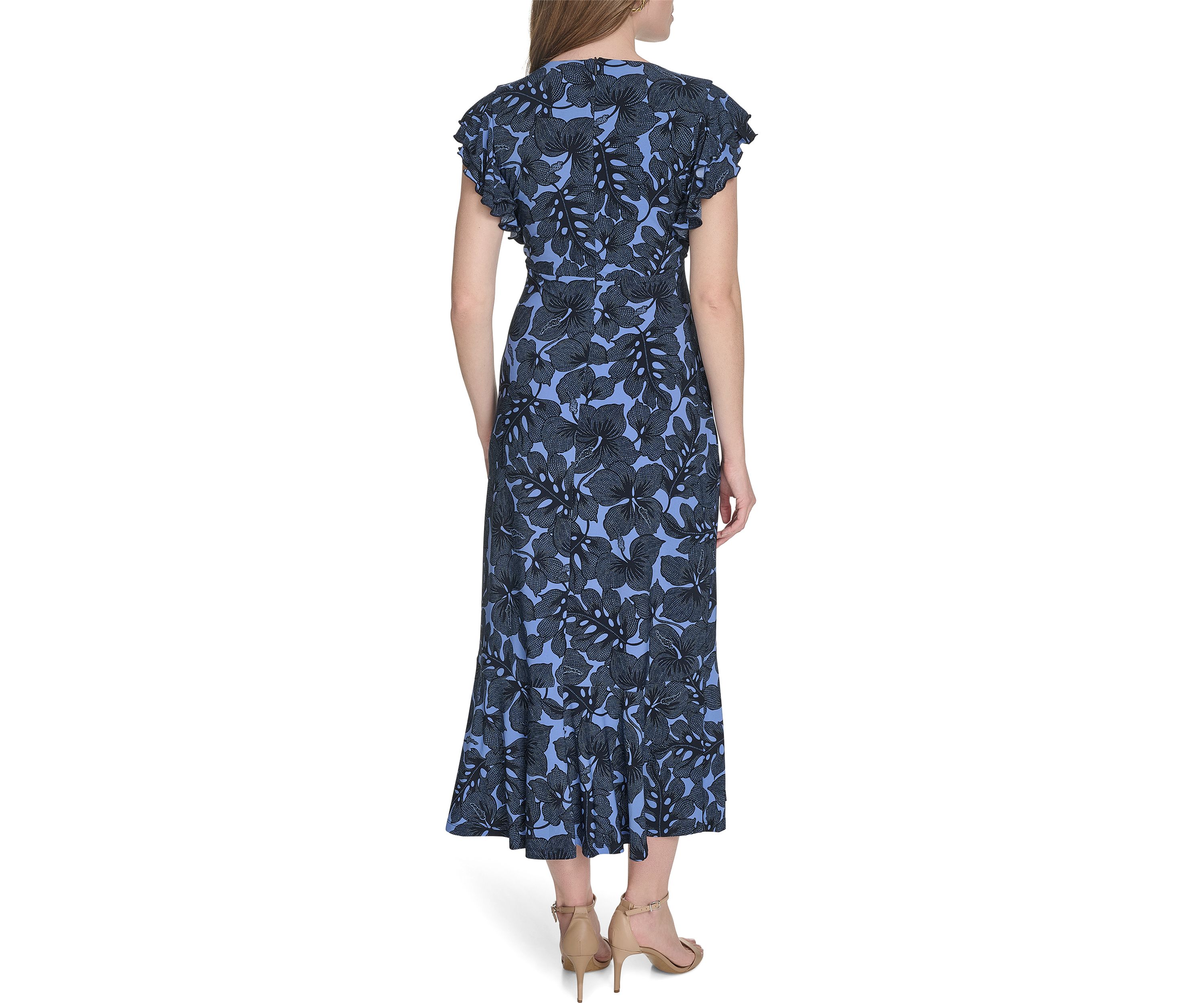 Womens Flutter Sleeve Hibiscus Jersey Midi Fit and Flare Dress 