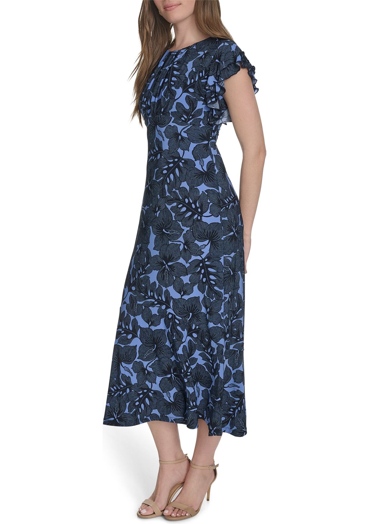 Womens Flutter Sleeve Hibiscus Jersey Midi Fit and Flare Dress 