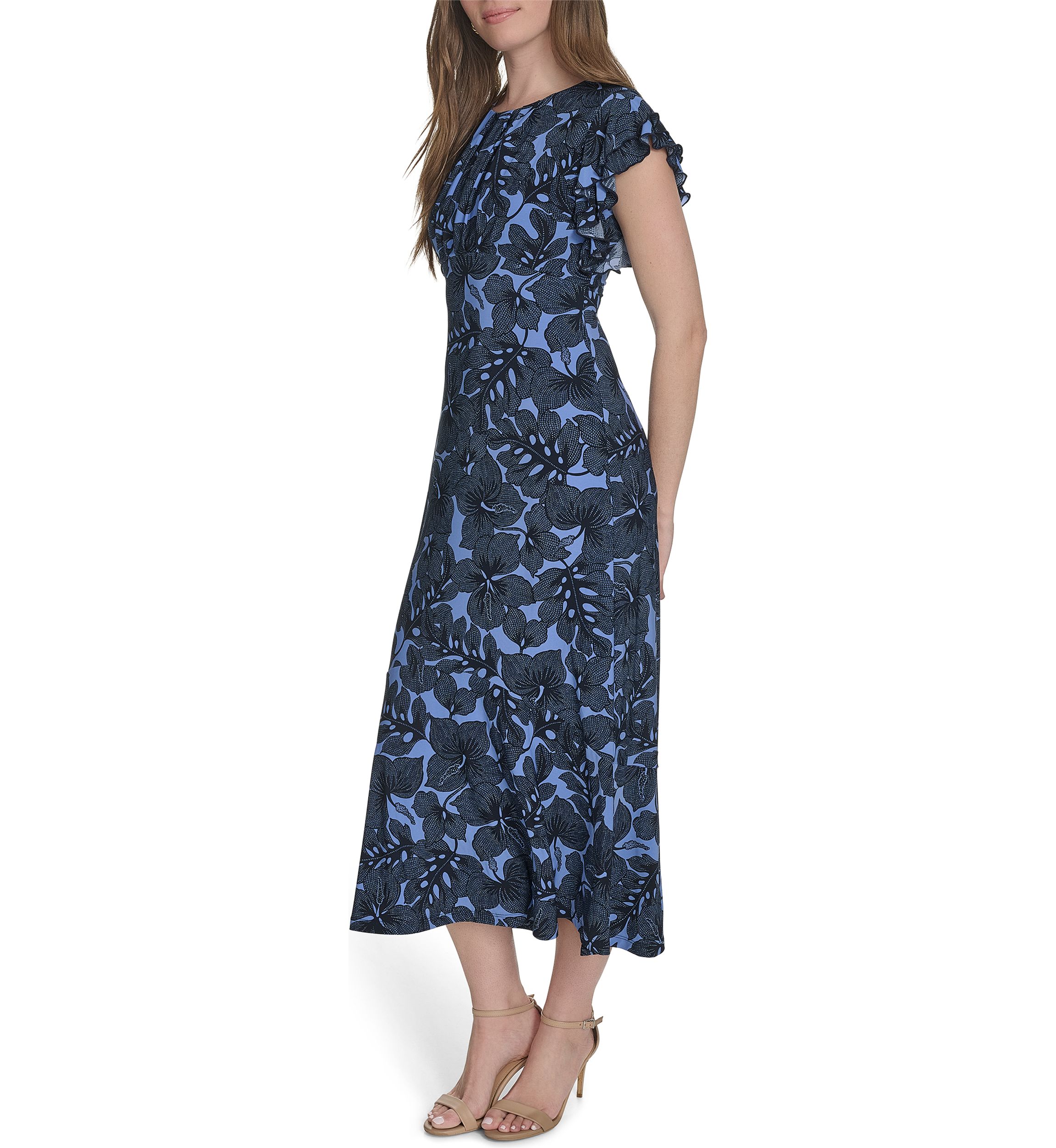 Womens Flutter Sleeve Hibiscus Jersey Midi Fit and Flare Dress 