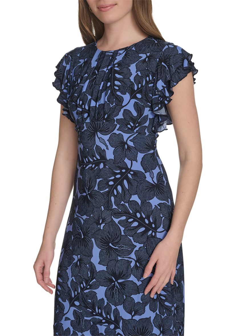 Womens Flutter Sleeve Hibiscus Jersey Midi Fit and Flare Dress 