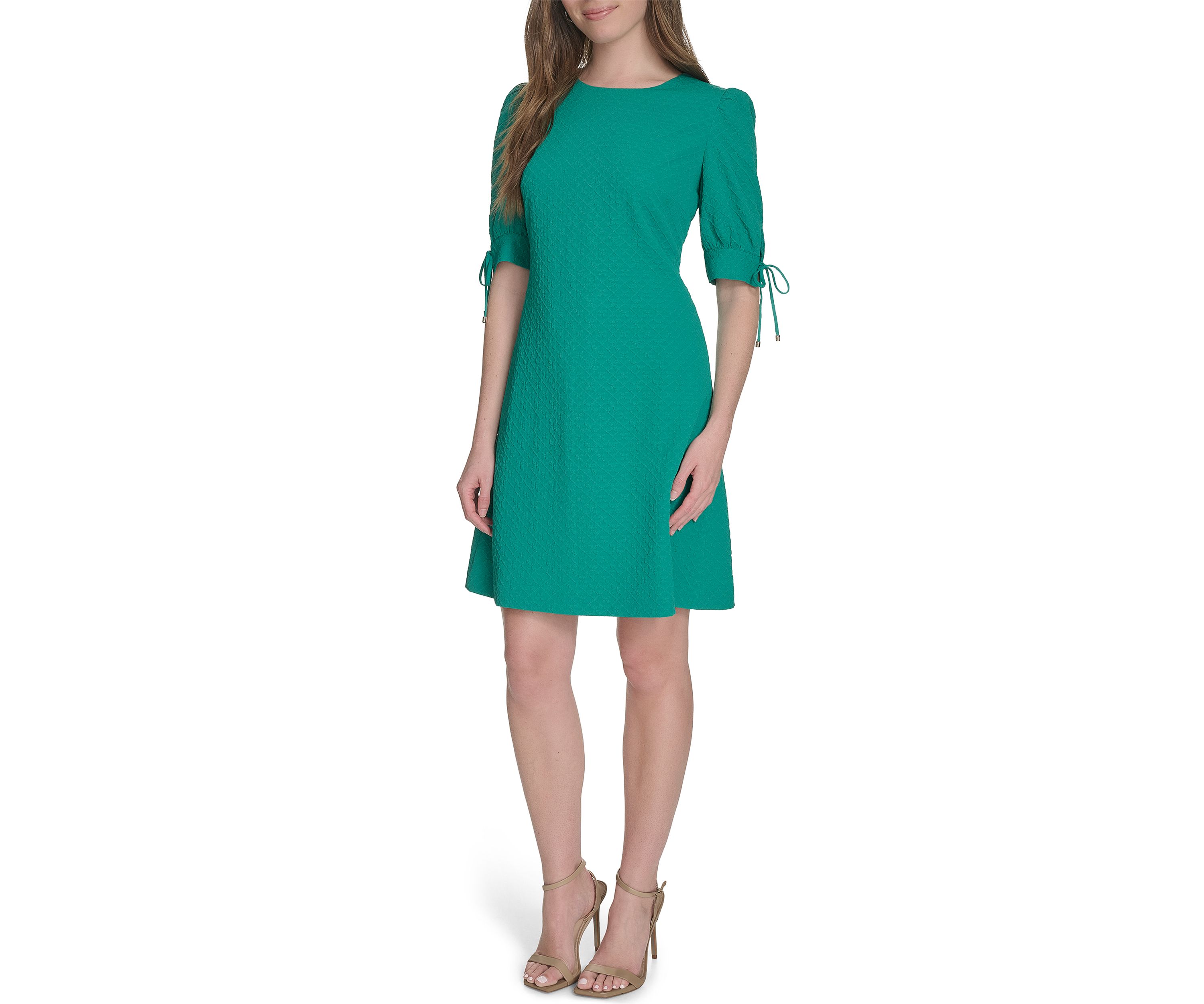 Womens 3/4 Sleeve Tie Cuff Textured Knit Shift Dress 