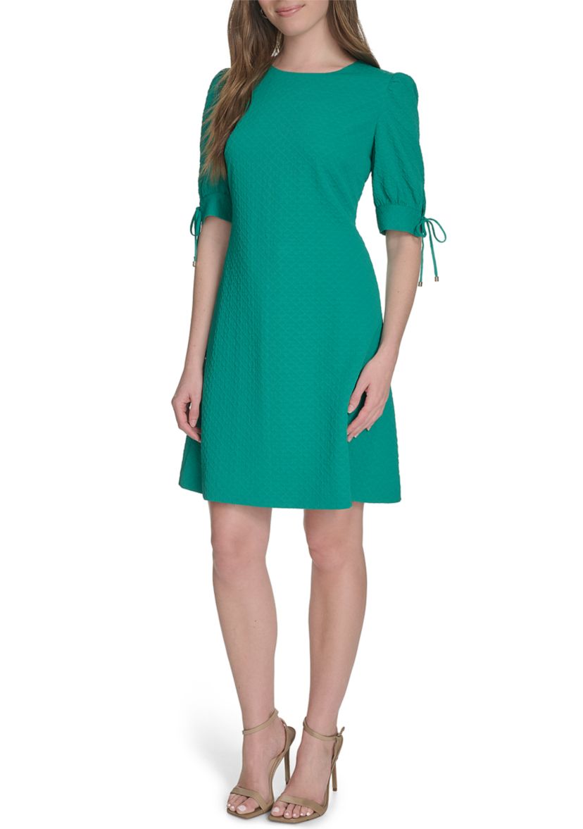 Womens 3/4 Sleeve Tie Cuff Textured Knit Shift Dress 