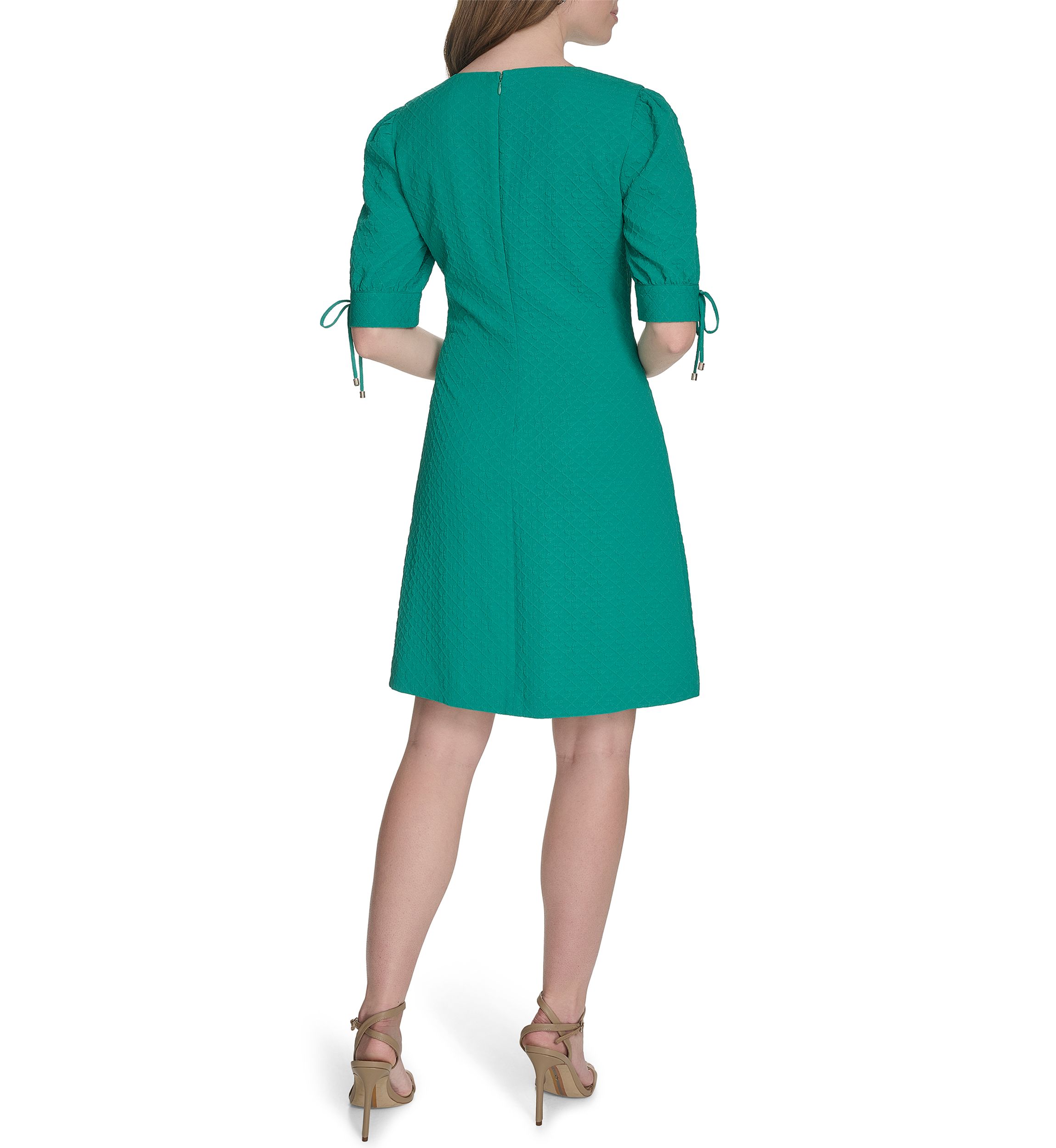 Womens 3/4 Sleeve Tie Cuff Textured Knit Shift Dress 