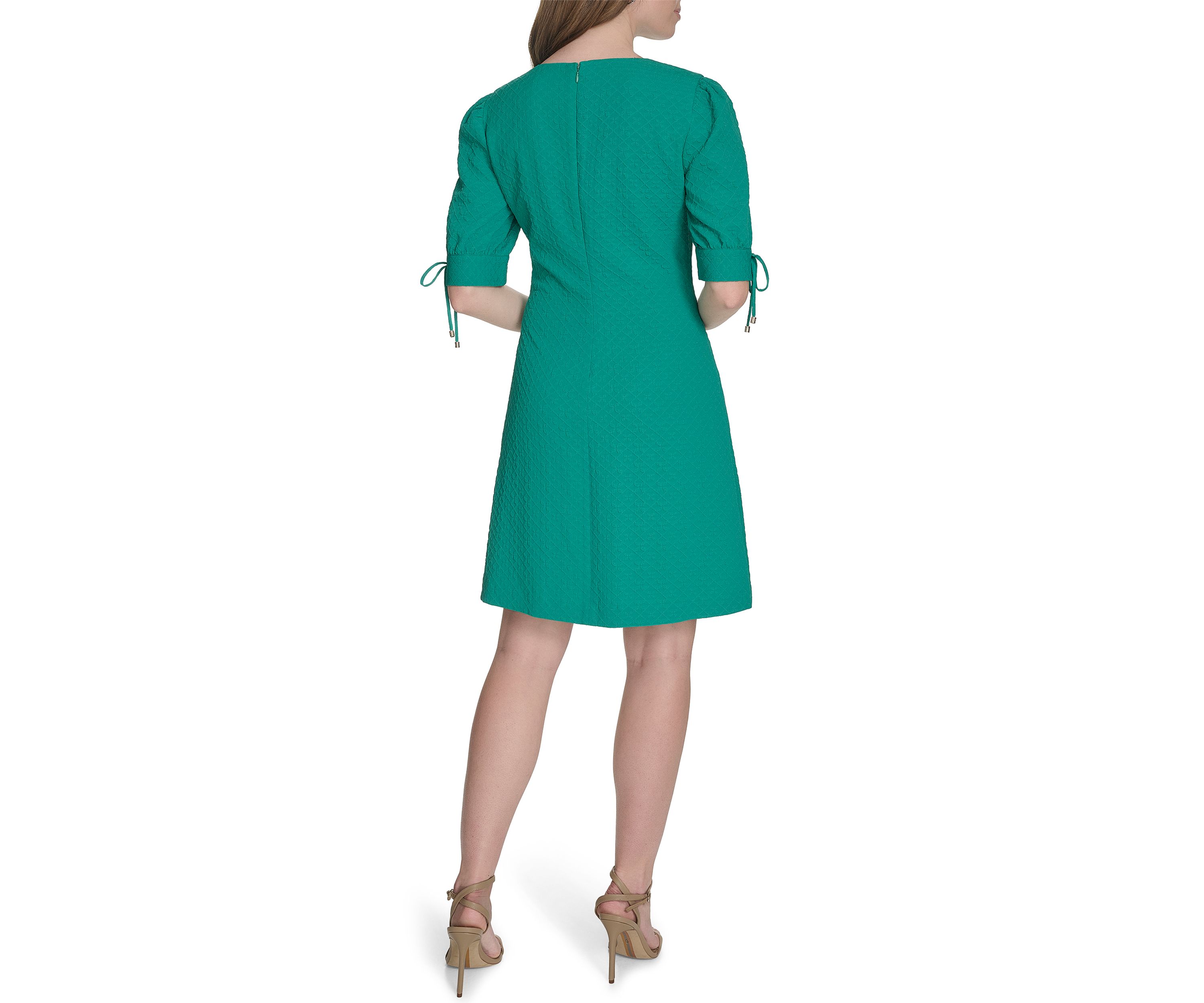 Womens 3/4 Sleeve Tie Cuff Textured Knit Shift Dress 