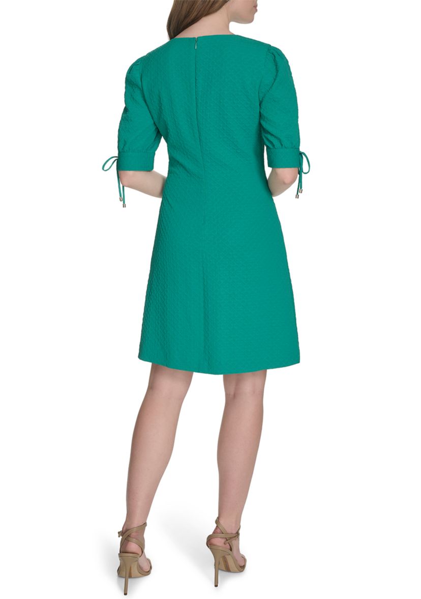 Womens 3/4 Sleeve Tie Cuff Textured Knit Shift Dress 