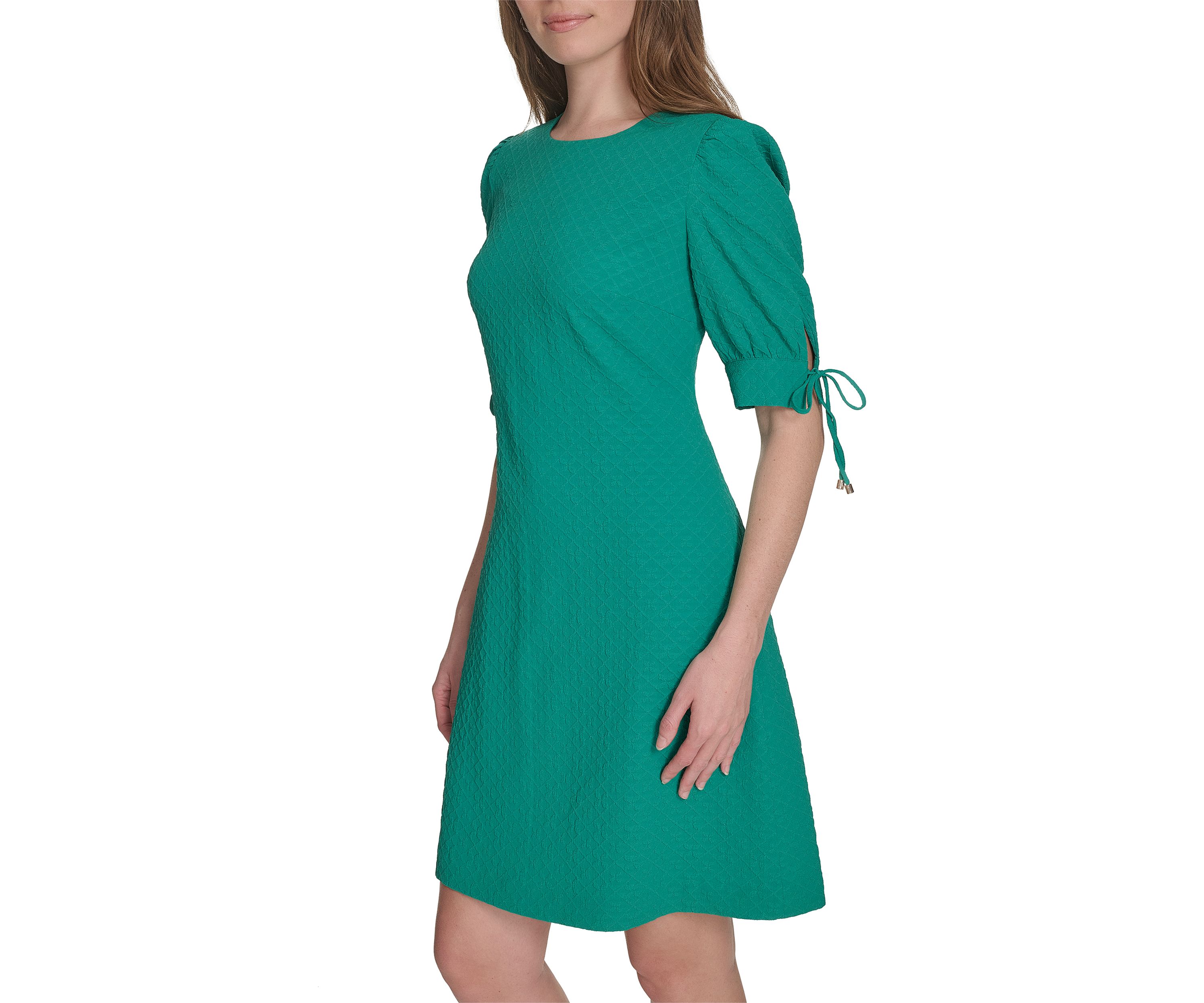 Womens 3/4 Sleeve Tie Cuff Textured Knit Shift Dress 