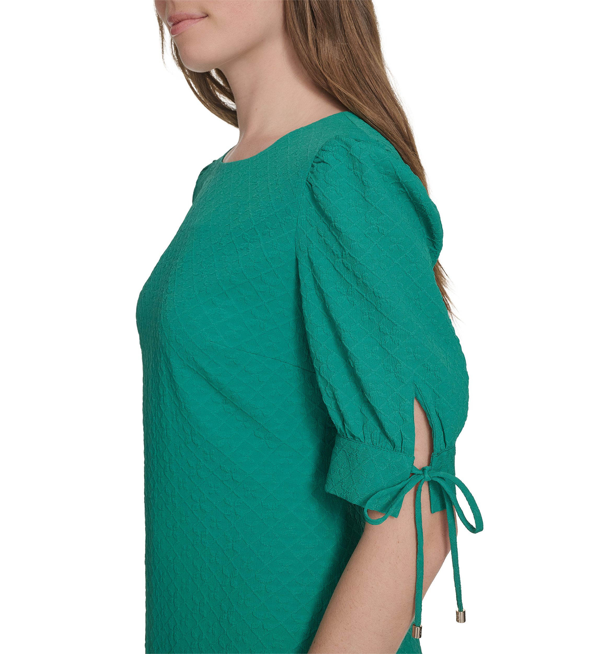 Womens 3/4 Sleeve Tie Cuff Textured Knit Shift Dress 
