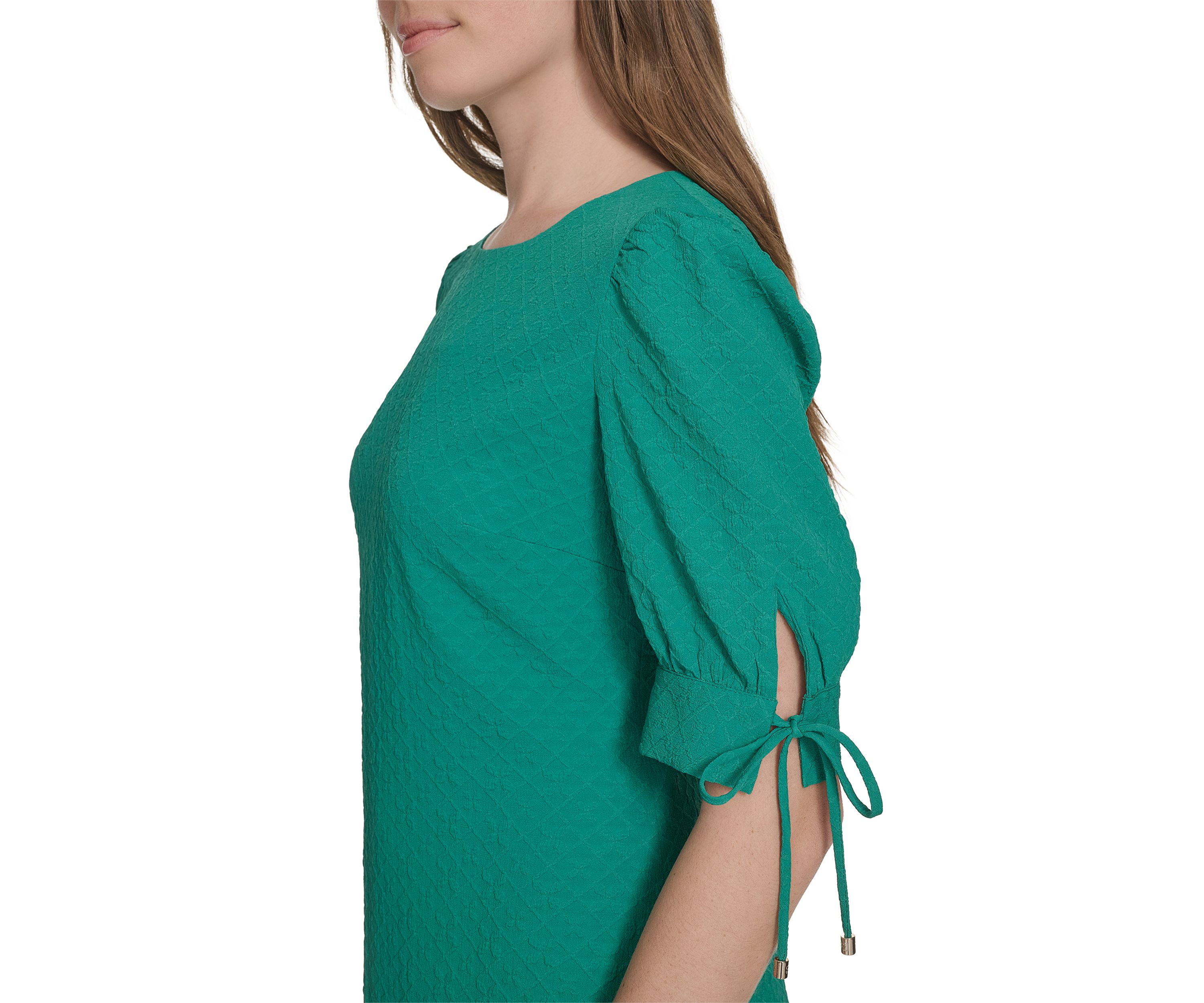 Womens 3/4 Sleeve Tie Cuff Textured Knit Shift Dress 