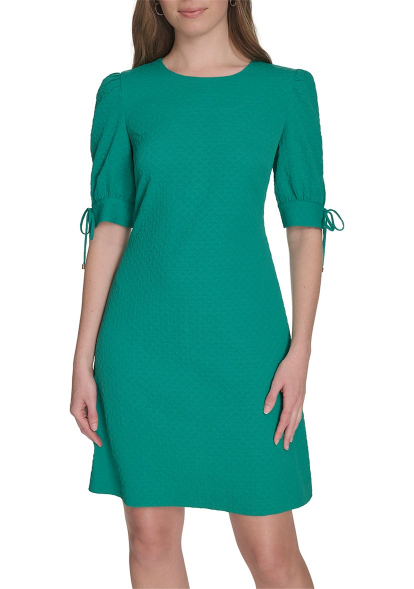 Womens 3/4 Sleeve Tie Cuff Textured Knit Shift Dress 