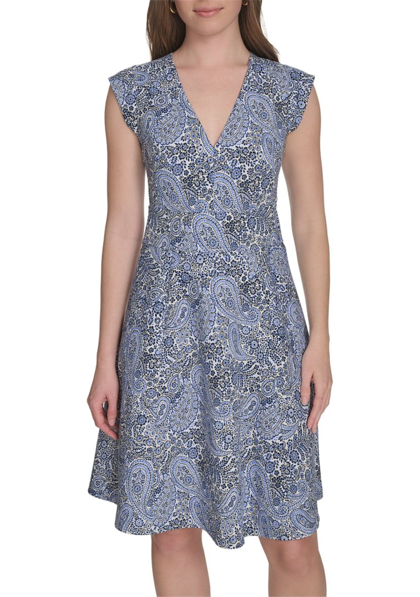 Womens Cap Sleeve V-Neck Hopsack Fit and Flare Dress 