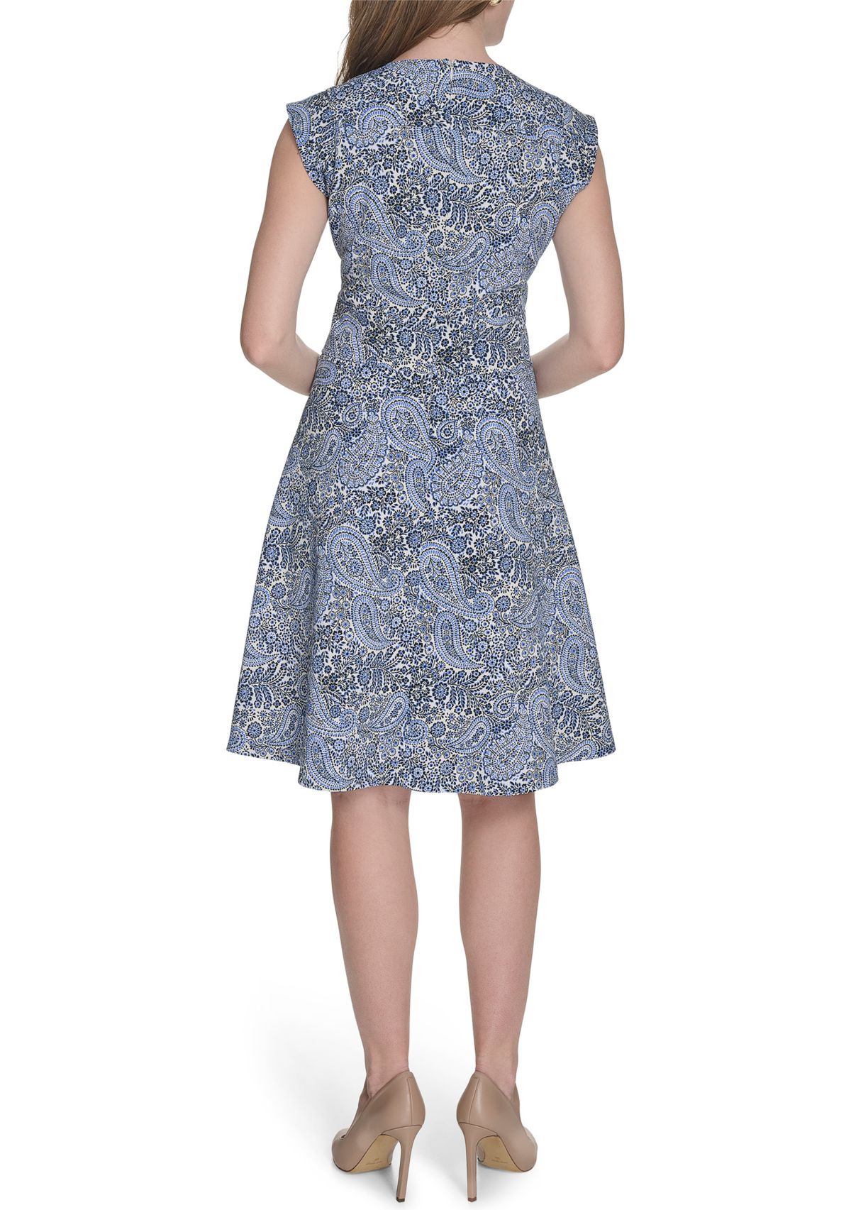 Womens Cap Sleeve V-Neck Hopsack Fit and Flare Dress 