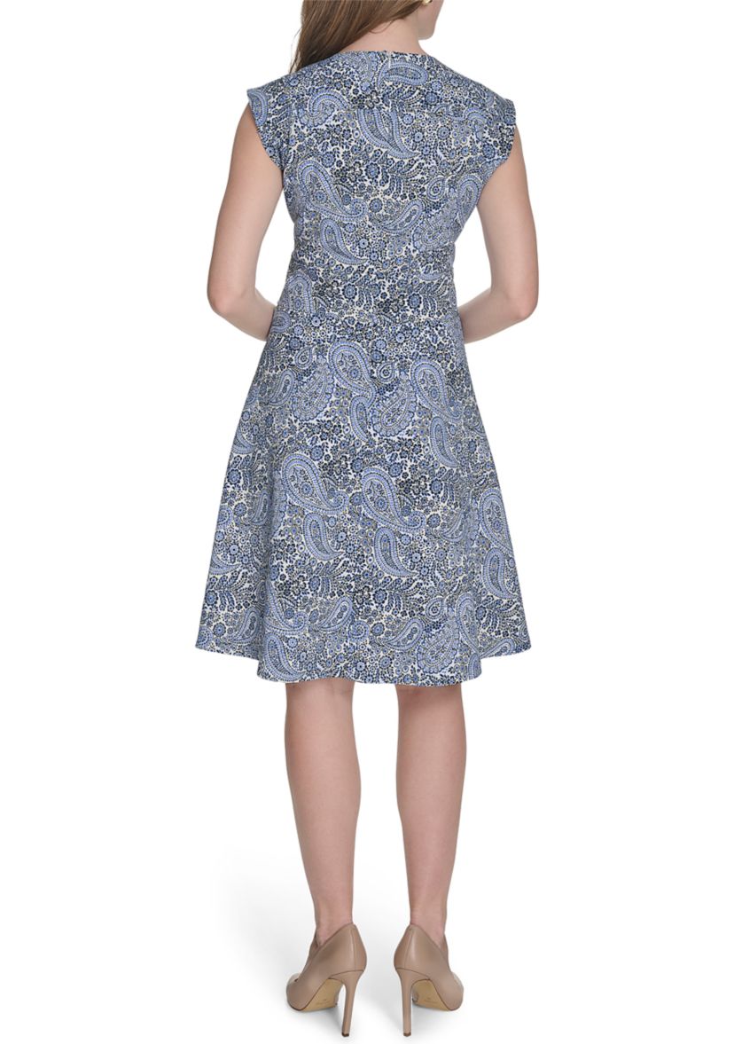 Womens Cap Sleeve V-Neck Hopsack Fit and Flare Dress 
