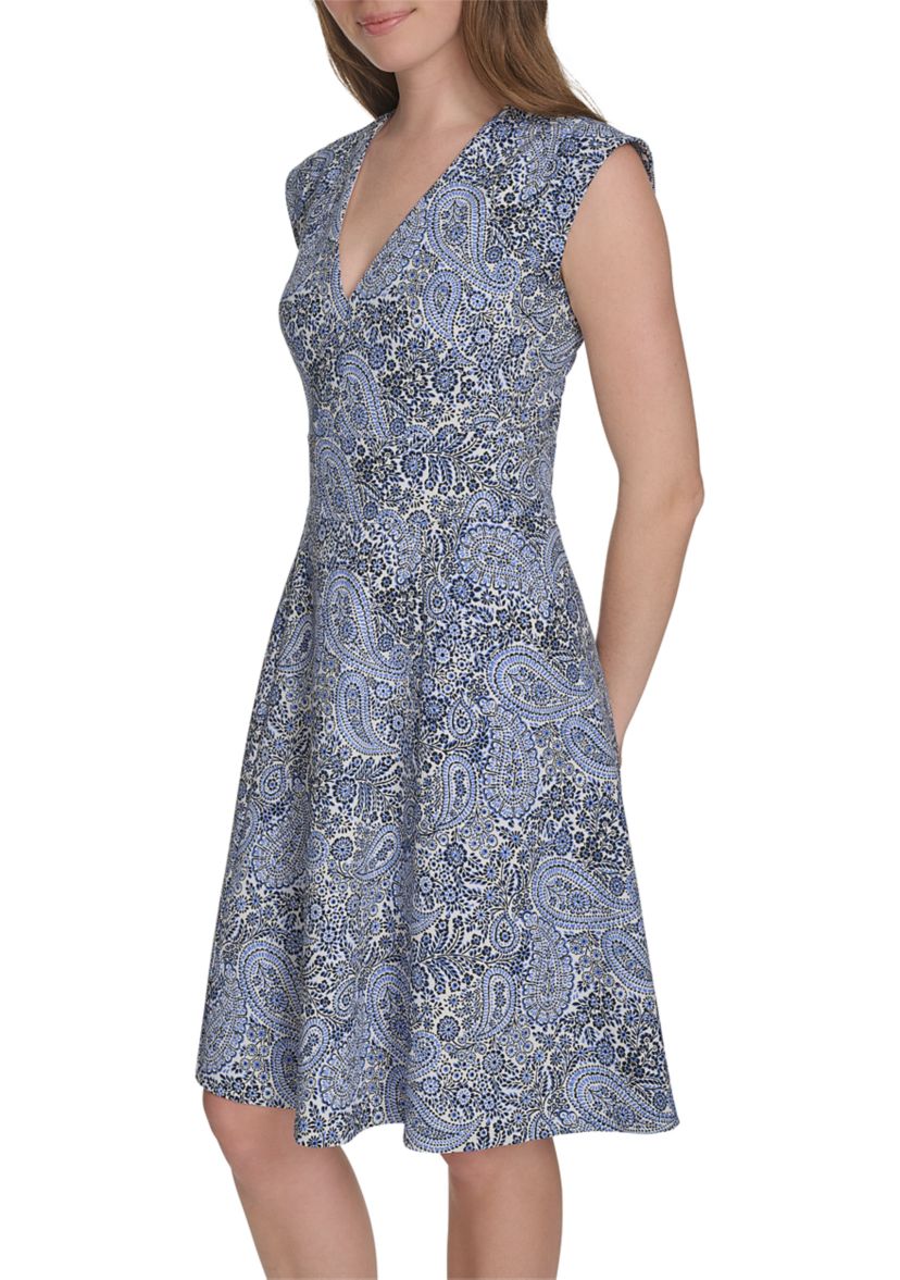 Womens Cap Sleeve V-Neck Hopsack Fit and Flare Dress 