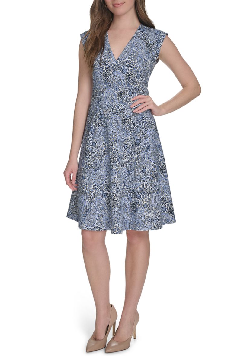 Womens Cap Sleeve V-Neck Hopsack Fit and Flare Dress 